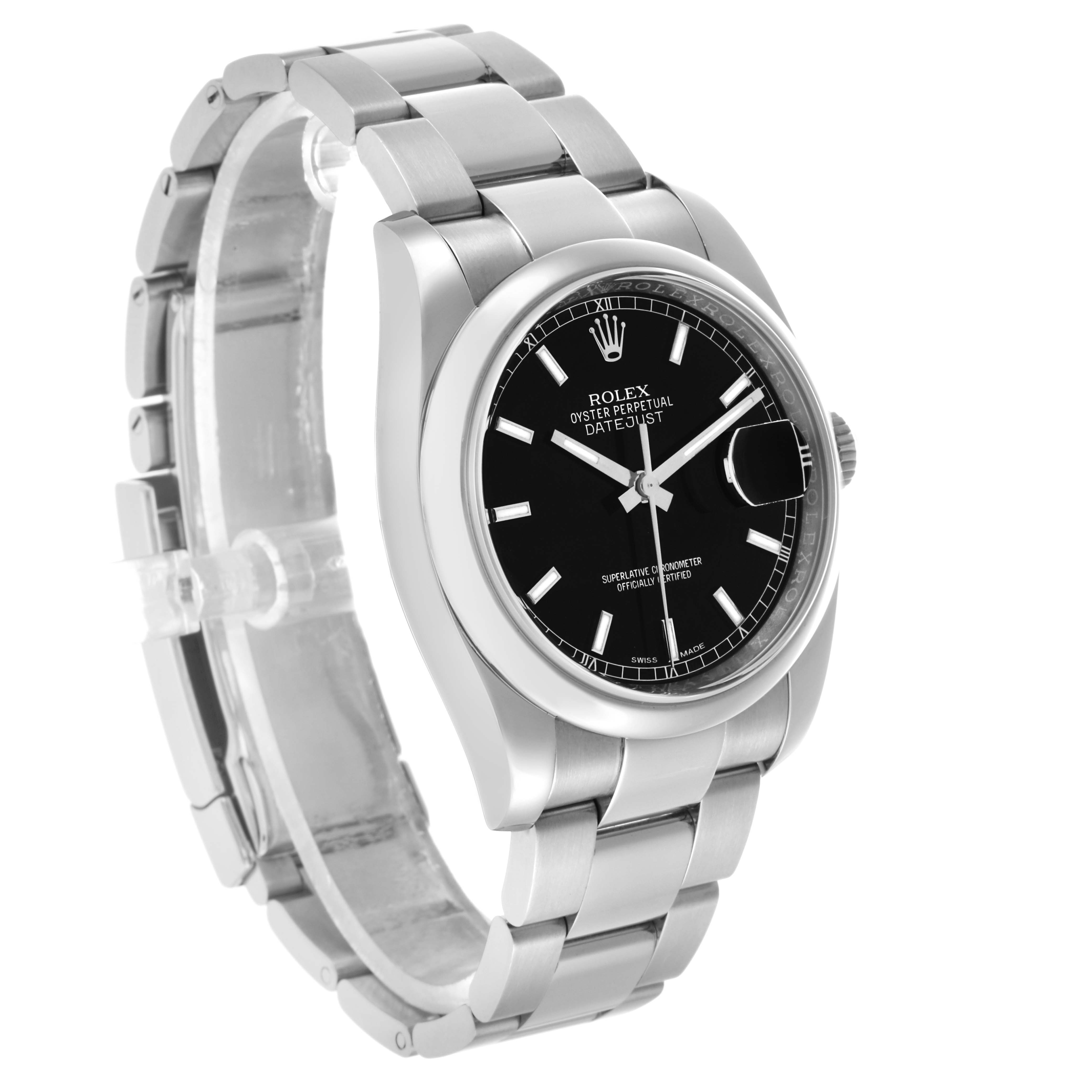 The Rolex Datejust 116200 Men's Stainless Steel Black Dial watch is shown at a three-quarter angle, highlighting the dial, bezel, and bracelet.