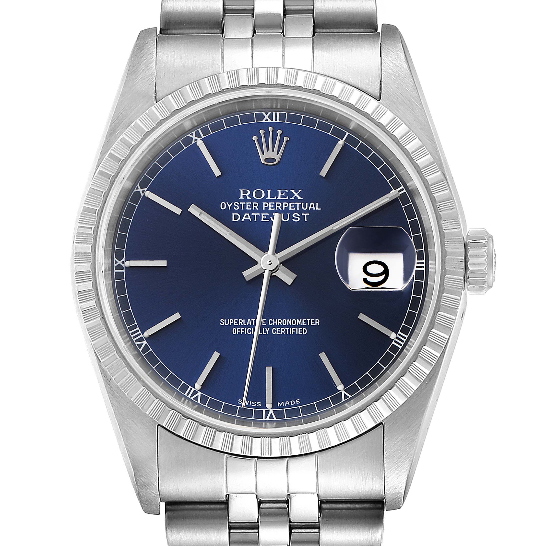 This image shows a front view of a Rolex Datejust 16220 Men
s Stainless Steel Blue Dial 16220 Men
s Stainless Steel Blue Dial watch, featuring its blue dial, bezel, and portion of the bracelet.