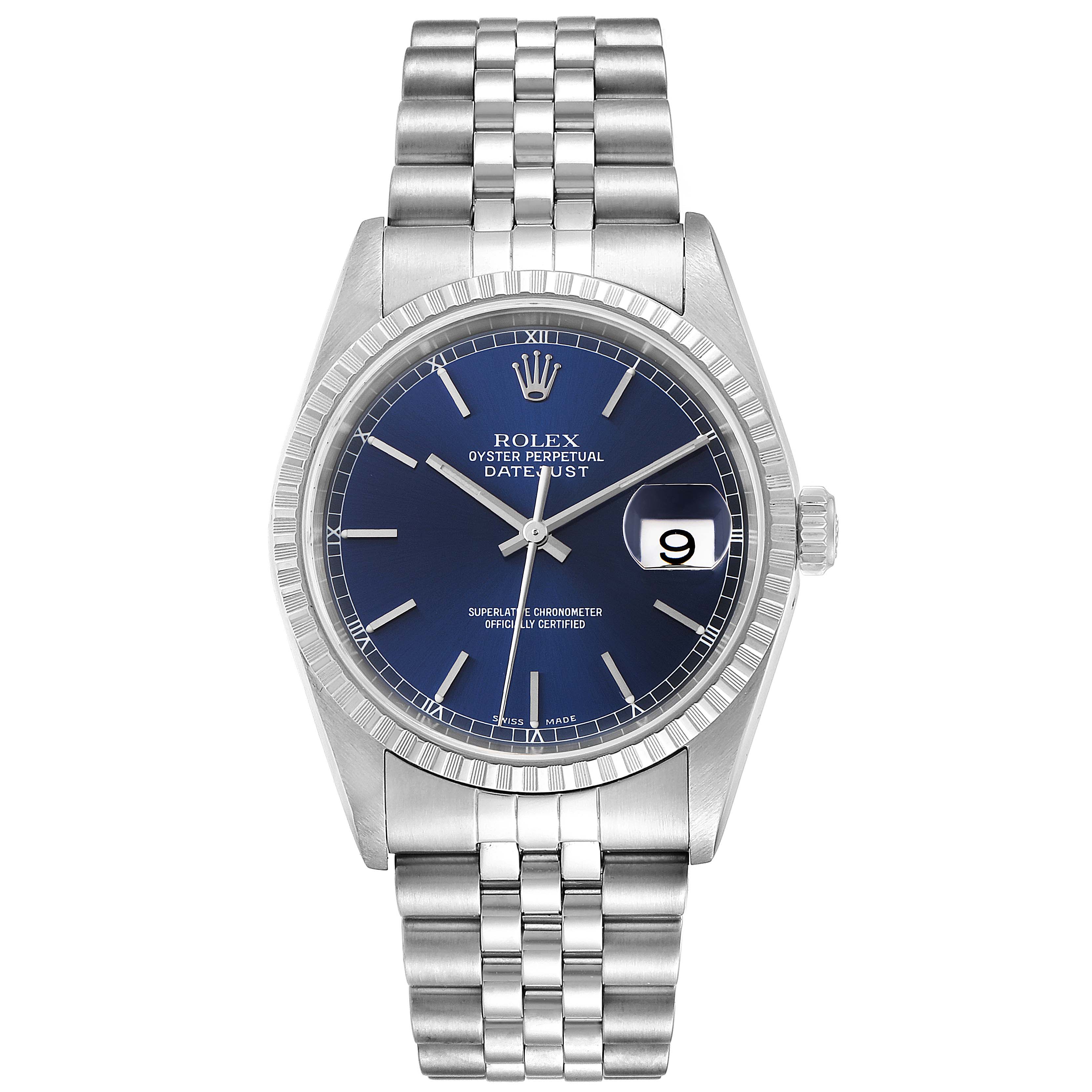 The image shows a front view of a Rolex Datejust 16220 Men
s Stainless Steel Blue Dial 16220 Men
s Stainless Steel Blue Dial watch with a blue dial and a silver Jubilee bracelet.