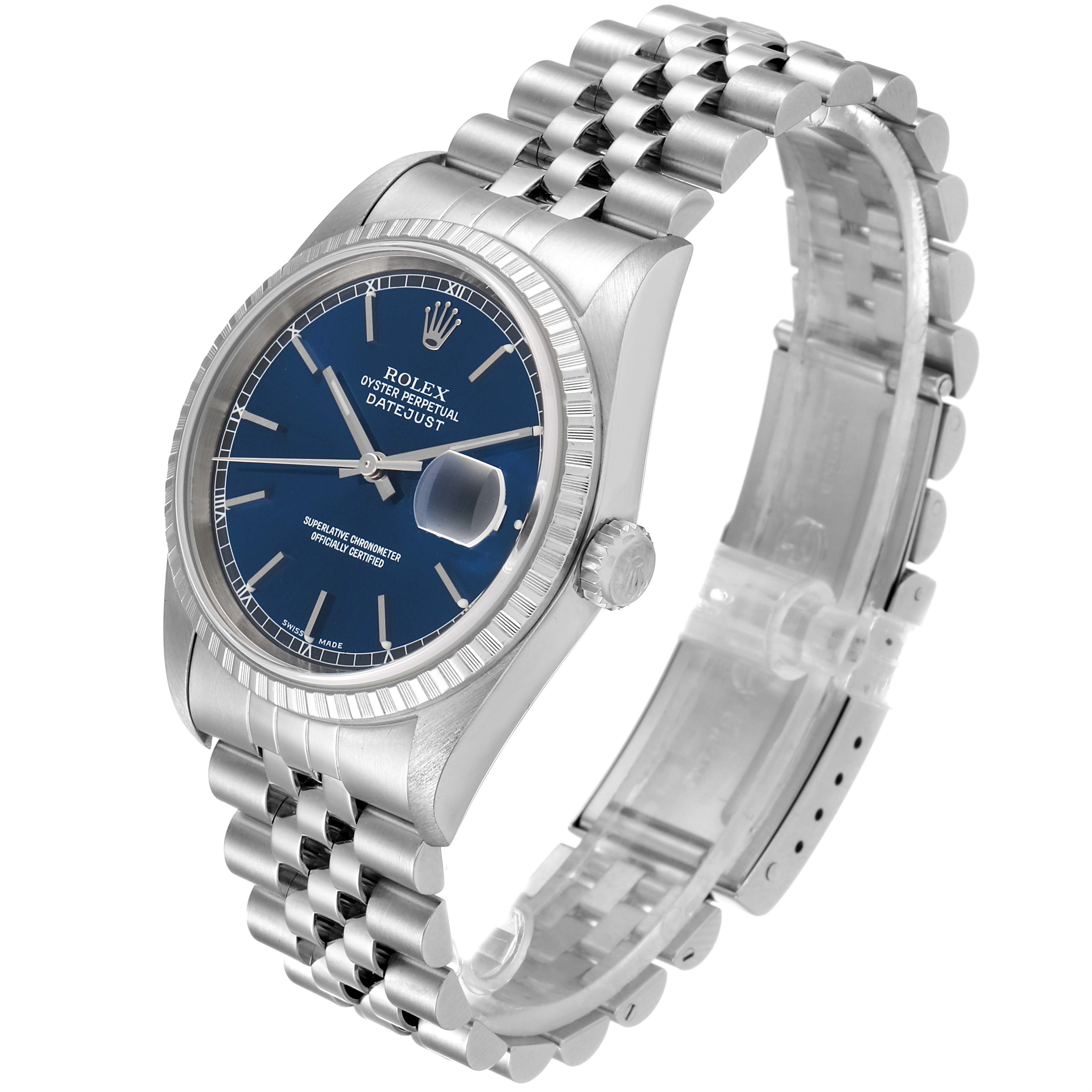 The image shows a Rolex Datejust 16220 Men
s Stainless Steel Blue Dial 16220 Men
s Stainless Steel Blue Dial watch at a three-quarter angle, displaying the watch face, bezel, crown, and bracelet.