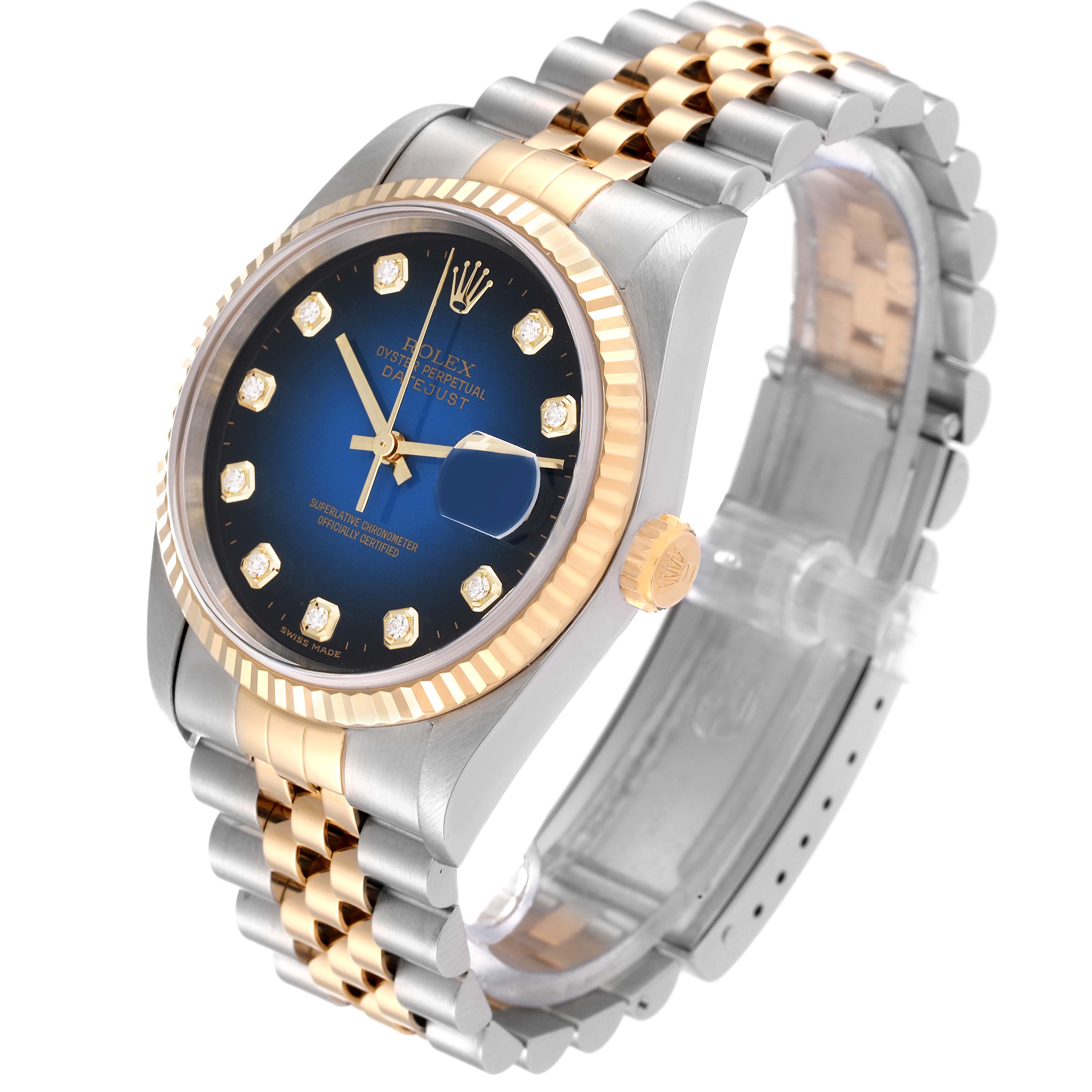 The image shows a Rolex Datejust 16233 Men's Steel and Gold (two tone) Blue Dial 16233 Men's Steel and Gold (two tone) Blue Dial watch at a three-quarter angle, featuring its dial, bezel, crown, and bracelet.