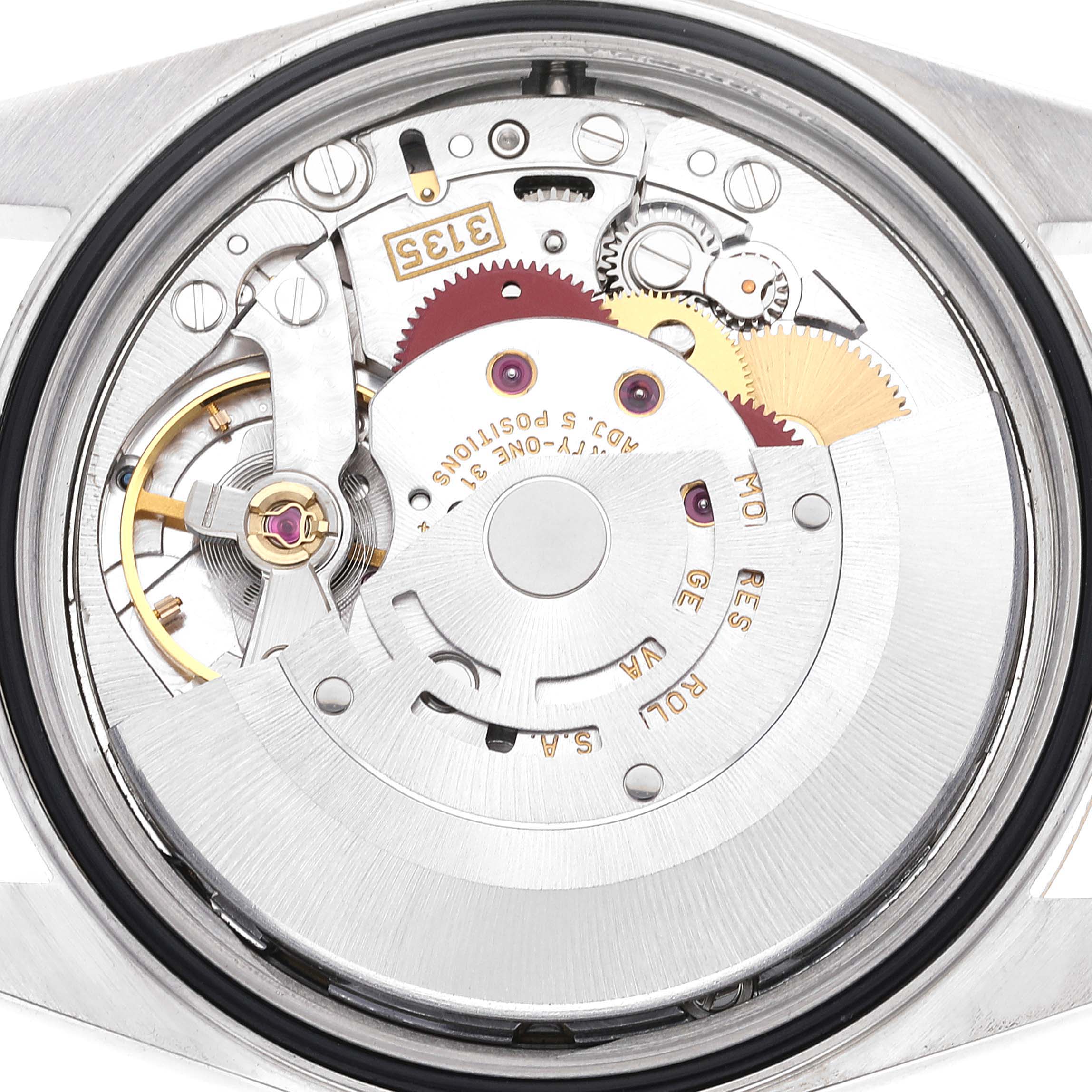 The image shows the movement and internal mechanisms of a Rolex Datejust 16233 Men's Steel and Gold (two tone) Blue Dial 16233 Men's Steel and Gold (two tone) Blue Dial watch from a rear angle with the case back removed.