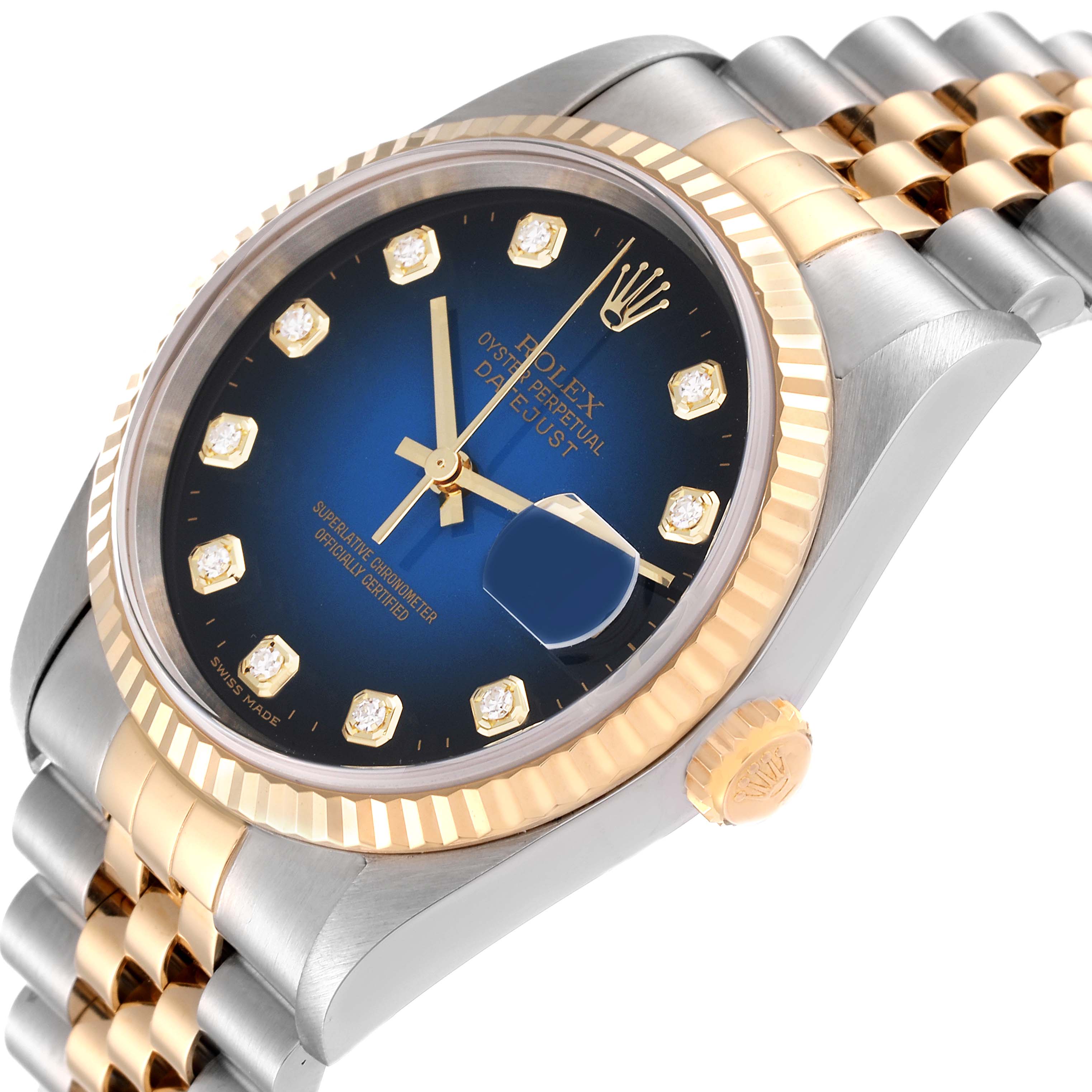 The image shows a Rolex Datejust 16233 Men's Steel and Gold (two tone) Blue Dial 16233 Men's Steel and Gold (two tone) Blue Dial watch at an angled view, highlighting its blue dial, jubilee bracelet, and fluted bezel.