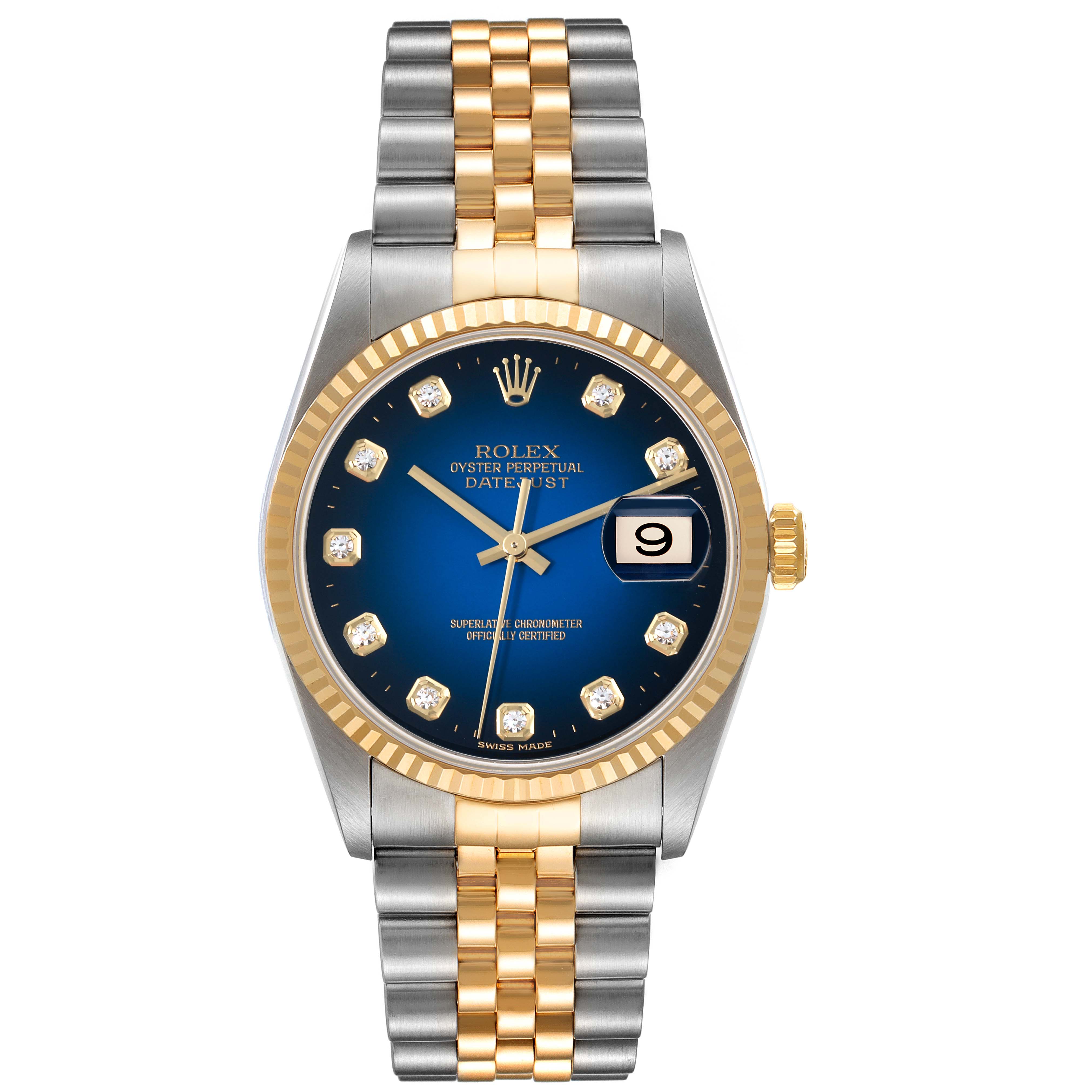This image shows a front view of a Rolex Datejust 16233 Men's Steel and Gold (two tone) Blue Dial 16233 Men's Steel and Gold (two tone) Blue Dial watch, featuring a blue dial, two-tone case, and Jubilee bracelet.
