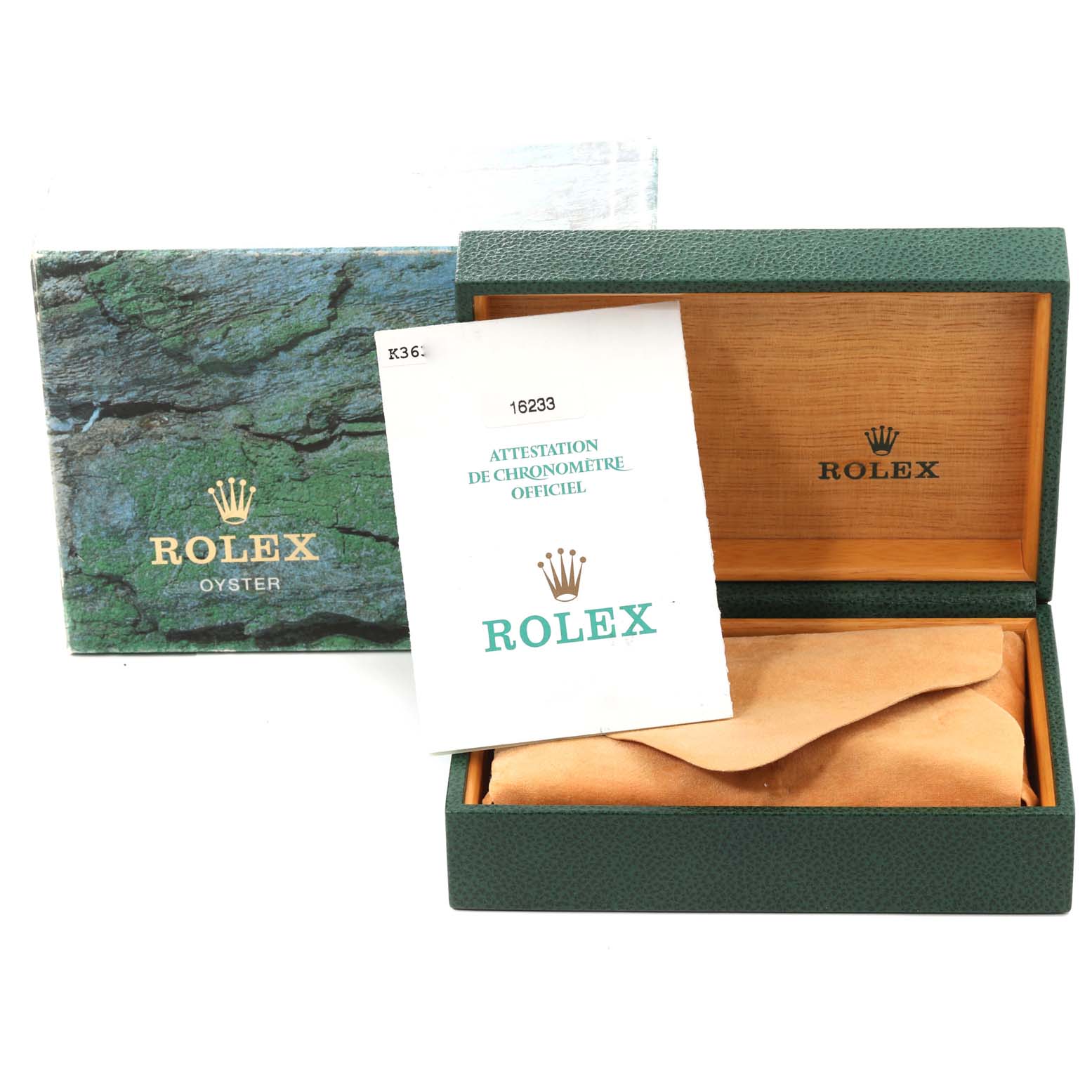 This image shows the packaging, inner box, and certification for a Rolex Datejust 16233 Men's Steel and Gold (two tone) Blue Dial 16233 Men's Steel and Gold (two tone) Blue Dial watch.