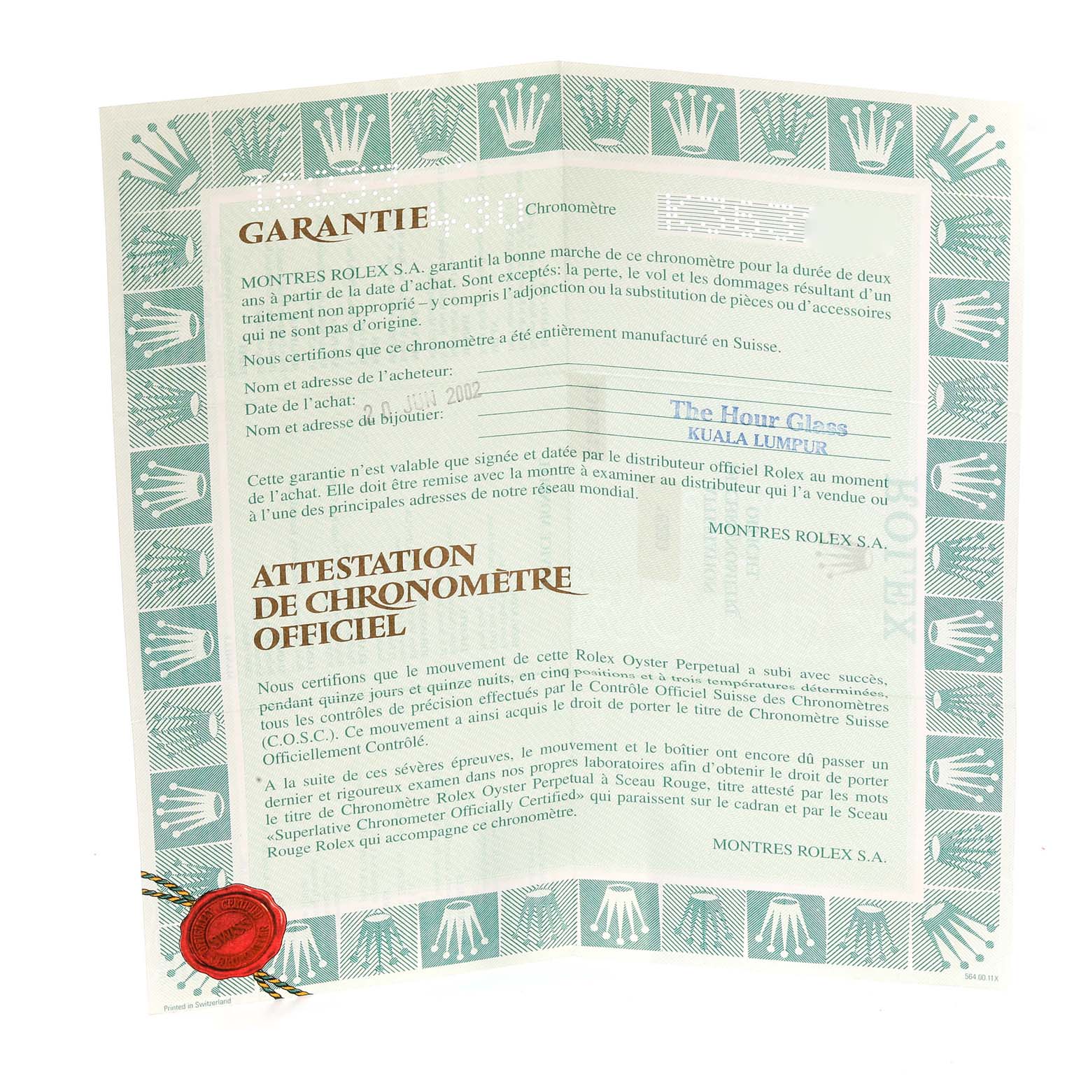 The image shows an official warranty and chronometer certification document for a Rolex Datejust 16233 Men's Steel and Gold (two tone) Blue Dial 16233 Men's Steel and Gold (two tone) Blue Dial watch.