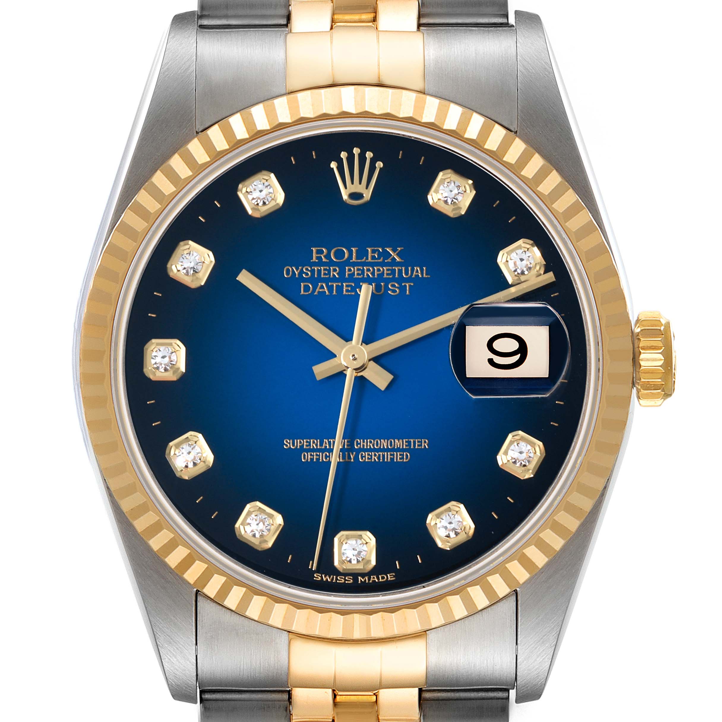 This image is a front-facing shot of a Rolex Datejust 16233 Men's Steel and Gold (two tone) Blue Dial 16233 Men's Steel and Gold (two tone) Blue Dial watch, showing the bezel, dial, hands, date window, and part of the bracelet.