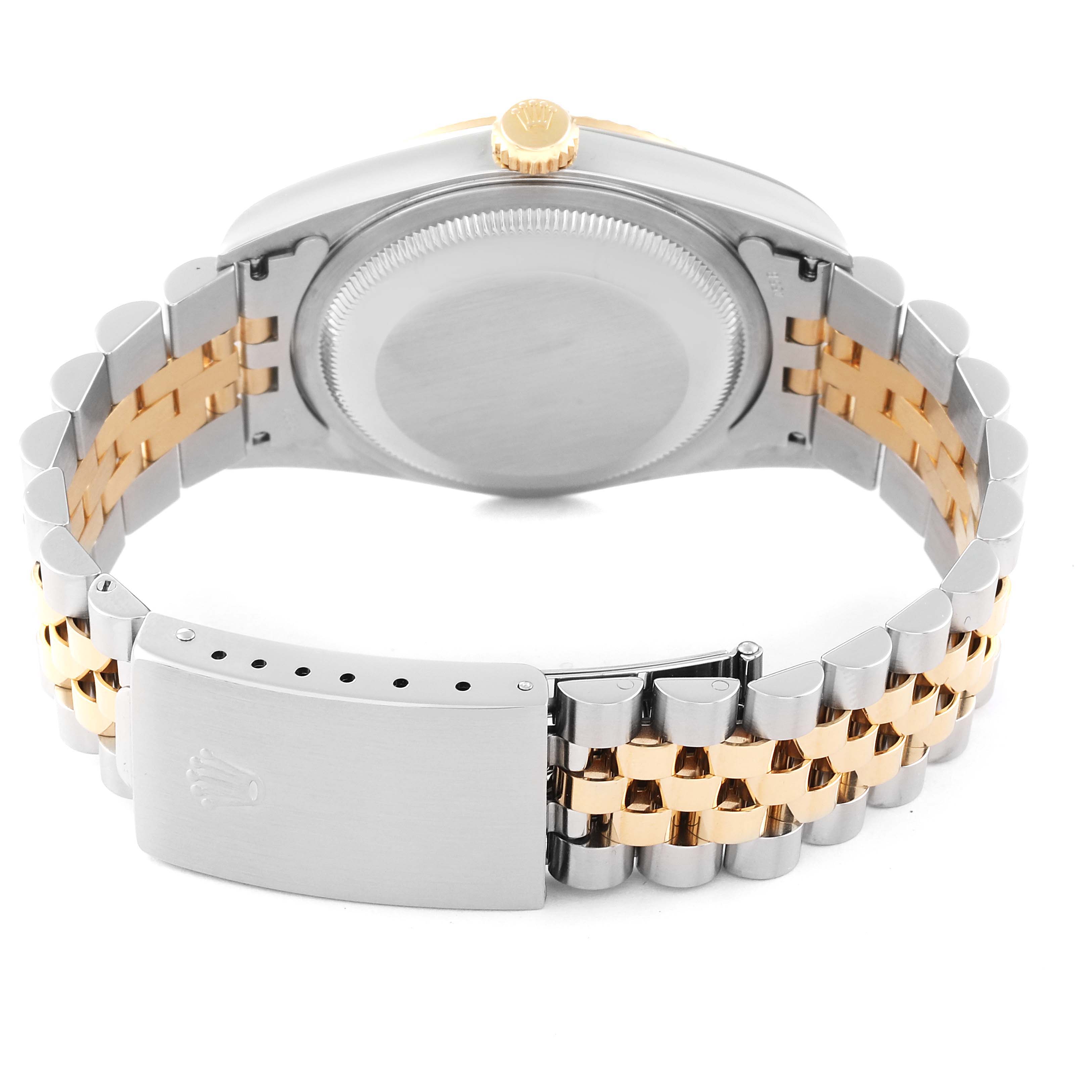 The image shows the back view of a Rolex Datejust 16233 Men's Steel and Gold (two tone) Blue Dial 16233 Men's Steel and Gold (two tone) Blue Dial, highlighting the case back, crown, and two-tone metal bracelet with the clasp.