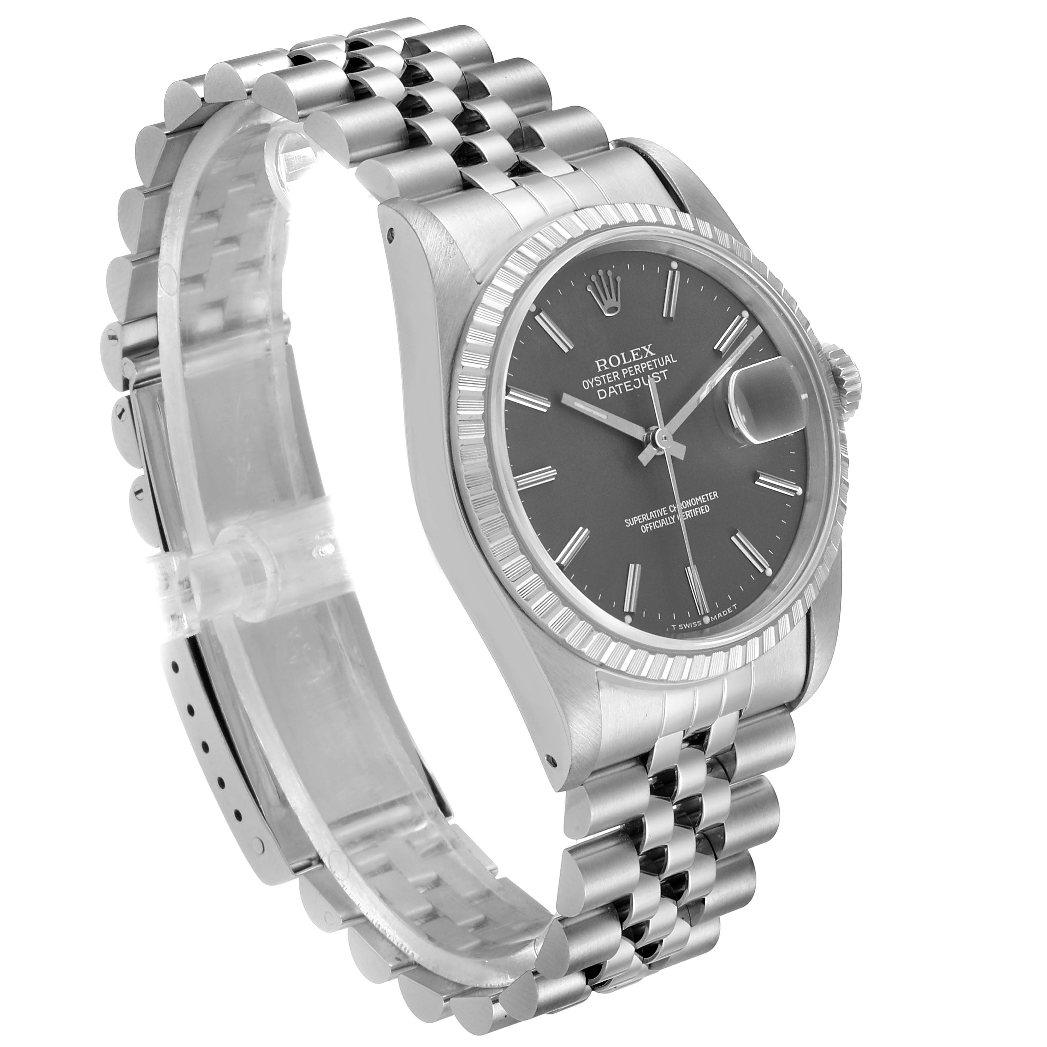 This image shows a Rolex Datejust 16220 Men
s Stainless Steel Grey Dial 16220 Men
s Stainless Steel Grey Dial watch at a 3/4 angle, highlighting its face, bezel, and Jubilee bracelet.