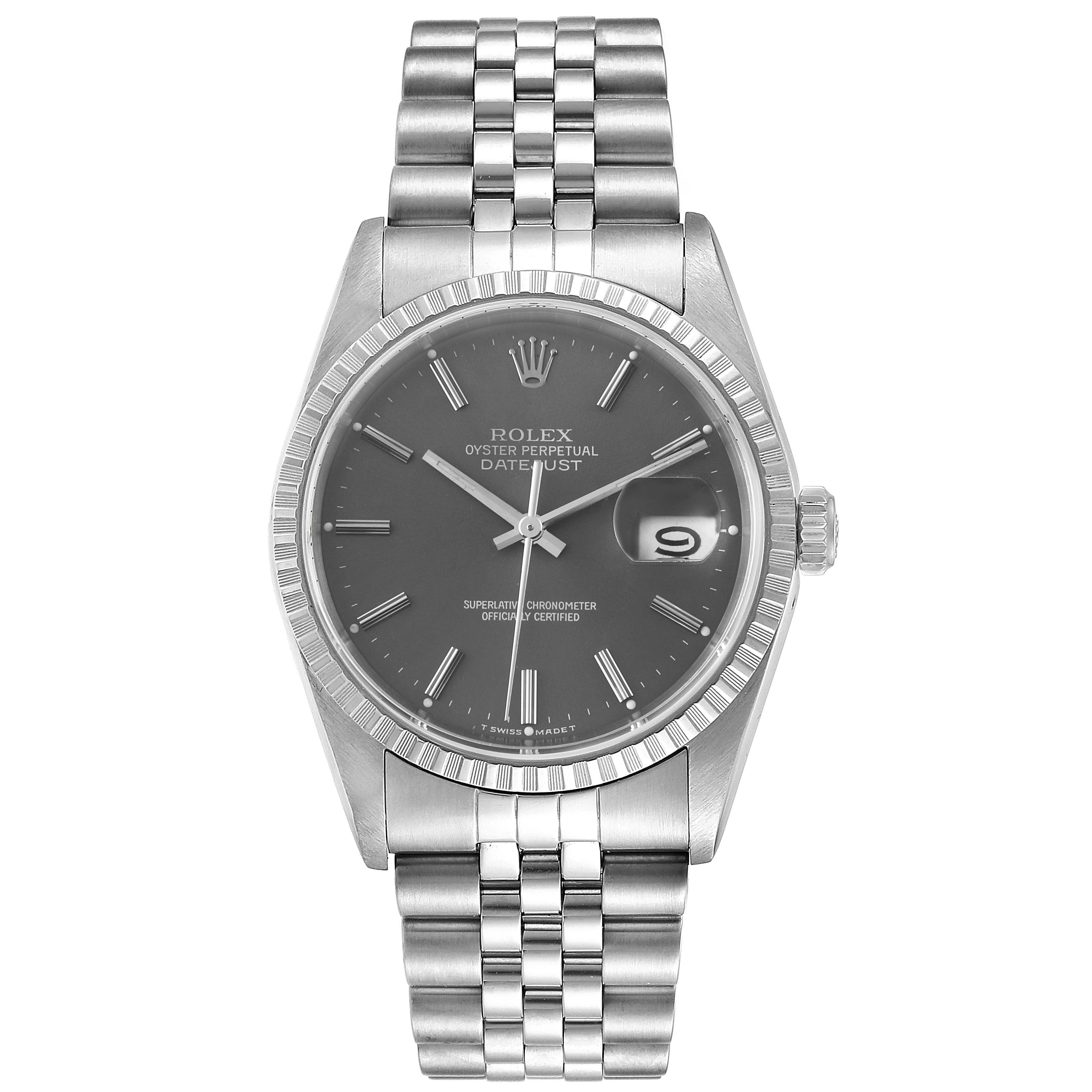 The image shows a Rolex Datejust 16220 Men
s Stainless Steel Grey Dial 16220 Men
s Stainless Steel Grey Dial watch from a front angle, displaying the dial, case, bracelet, and date window.