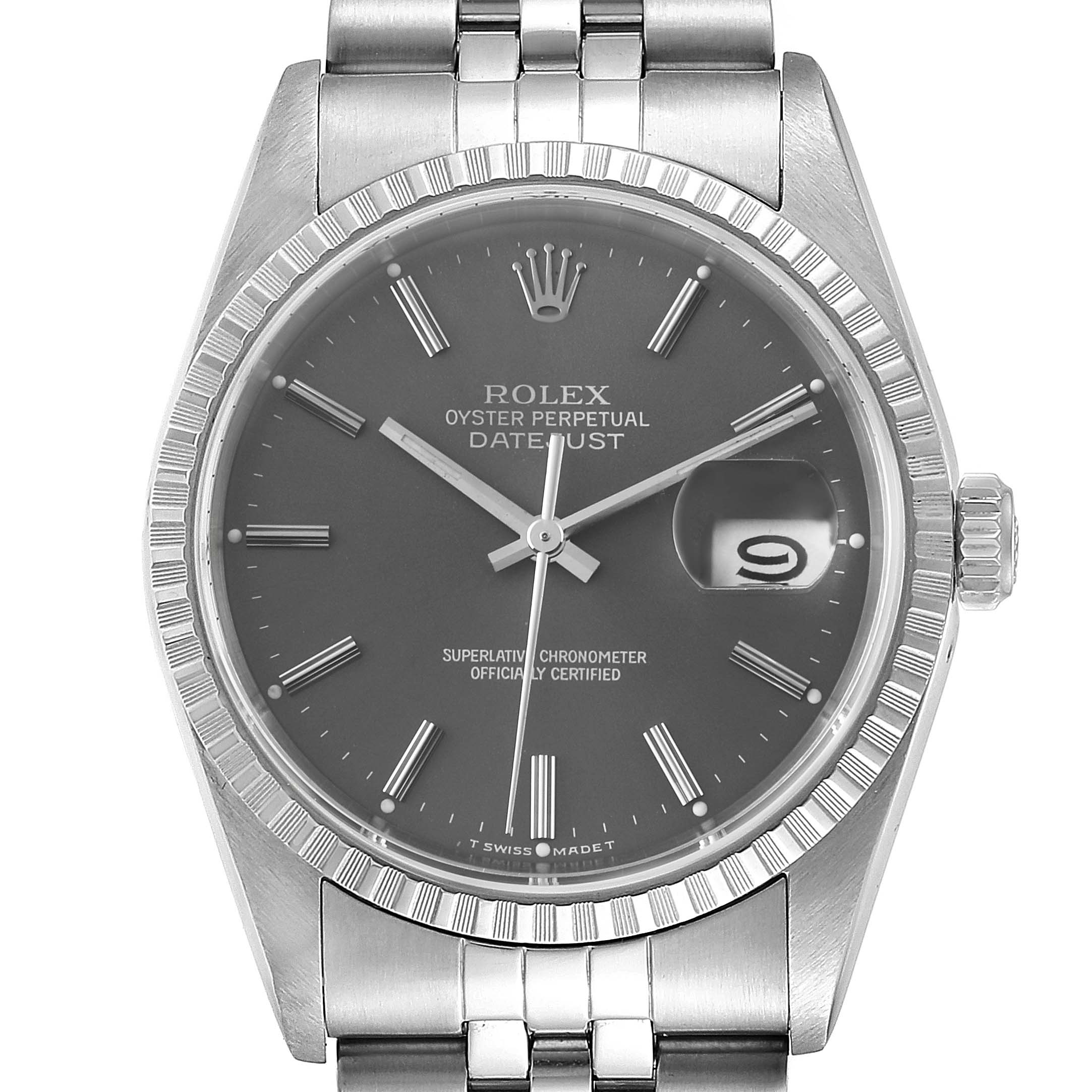 The image shows a front view of a Rolex Datejust 16220 Men
s Stainless Steel Grey Dial 16220 Men
s Stainless Steel Grey Dial watch, highlighting the dial, fluted bezel, and part of the bracelet.