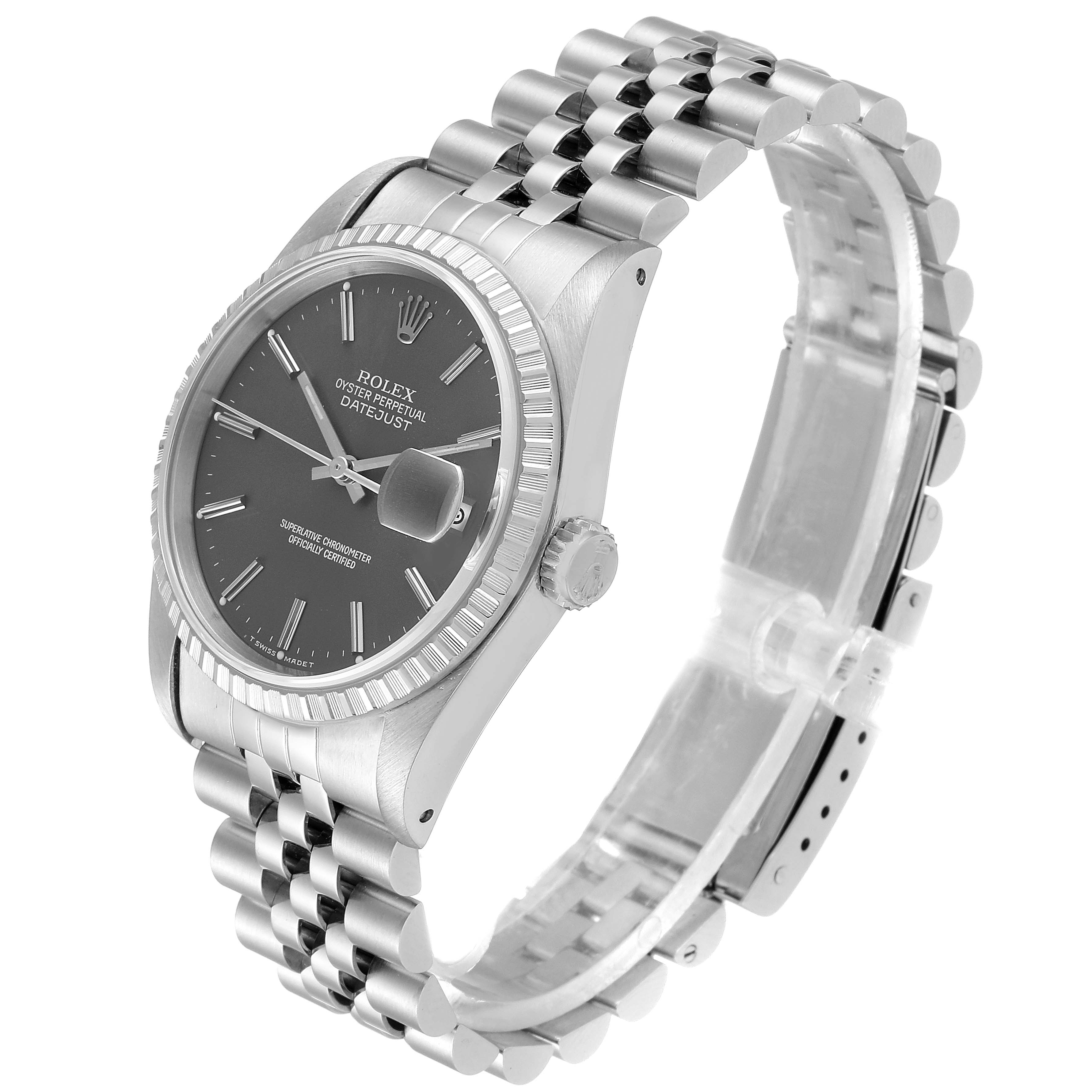 The image shows a Rolex Datejust 16220 Men
s Stainless Steel Grey Dial 16220 Men
s Stainless Steel Grey Dial watch at a three-quarter angle, highlighting its face, fluted bezel, and Jubilee bracelet.