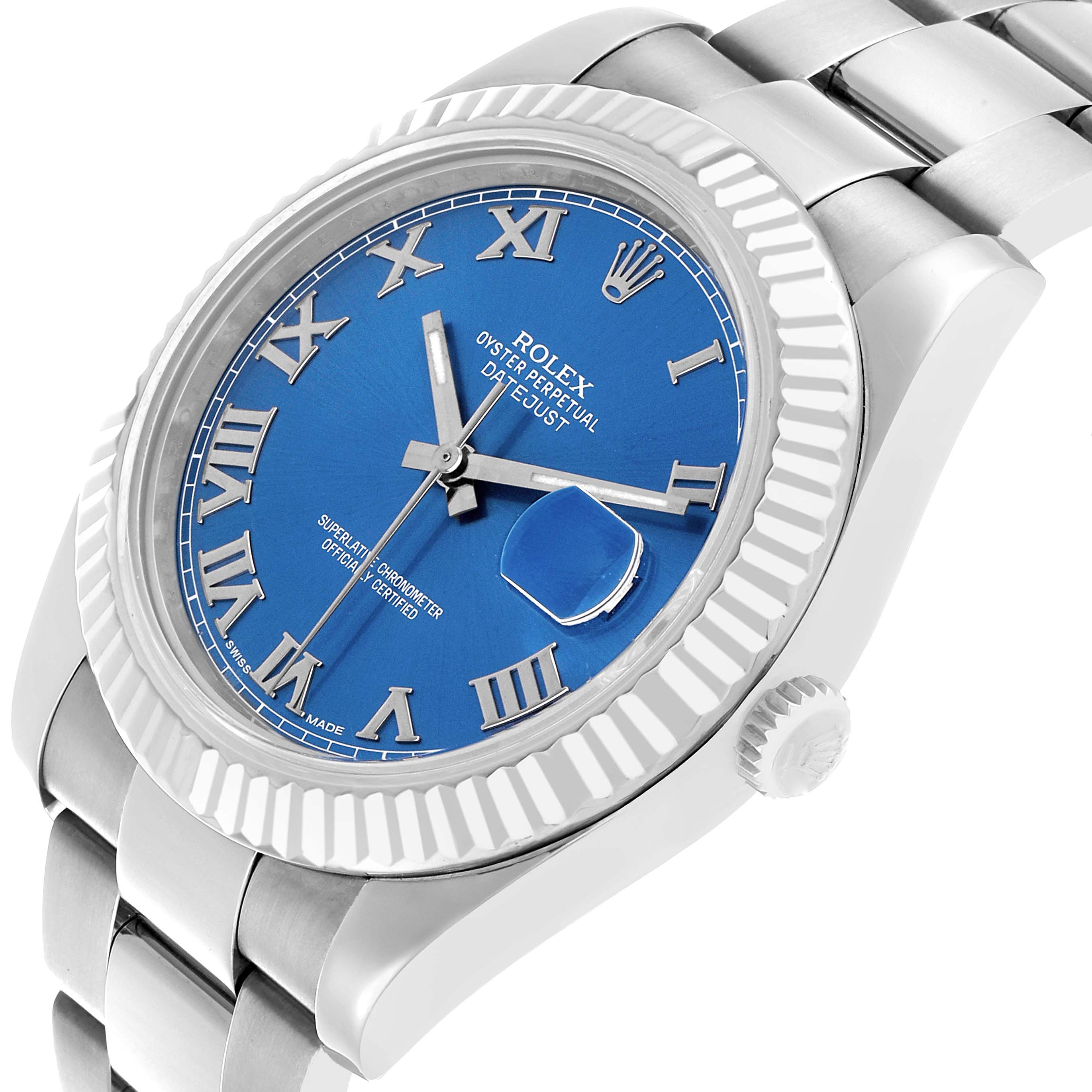 The Rolex Datejust 41 116334 Men's Stainless Steel Blue Dial is shown at an angled side view, highlighting the blue dial, fluted bezel, and part of the bracelet.