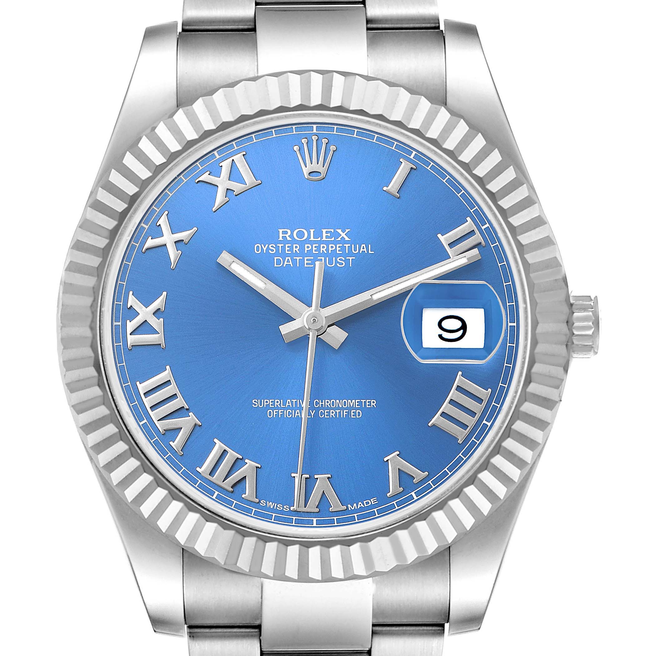 The Rolex Datejust 41 116334 Men's Stainless Steel Blue Dial is shown from the front, highlighting its blue dial, Roman numerals, date window, and fluted bezel.