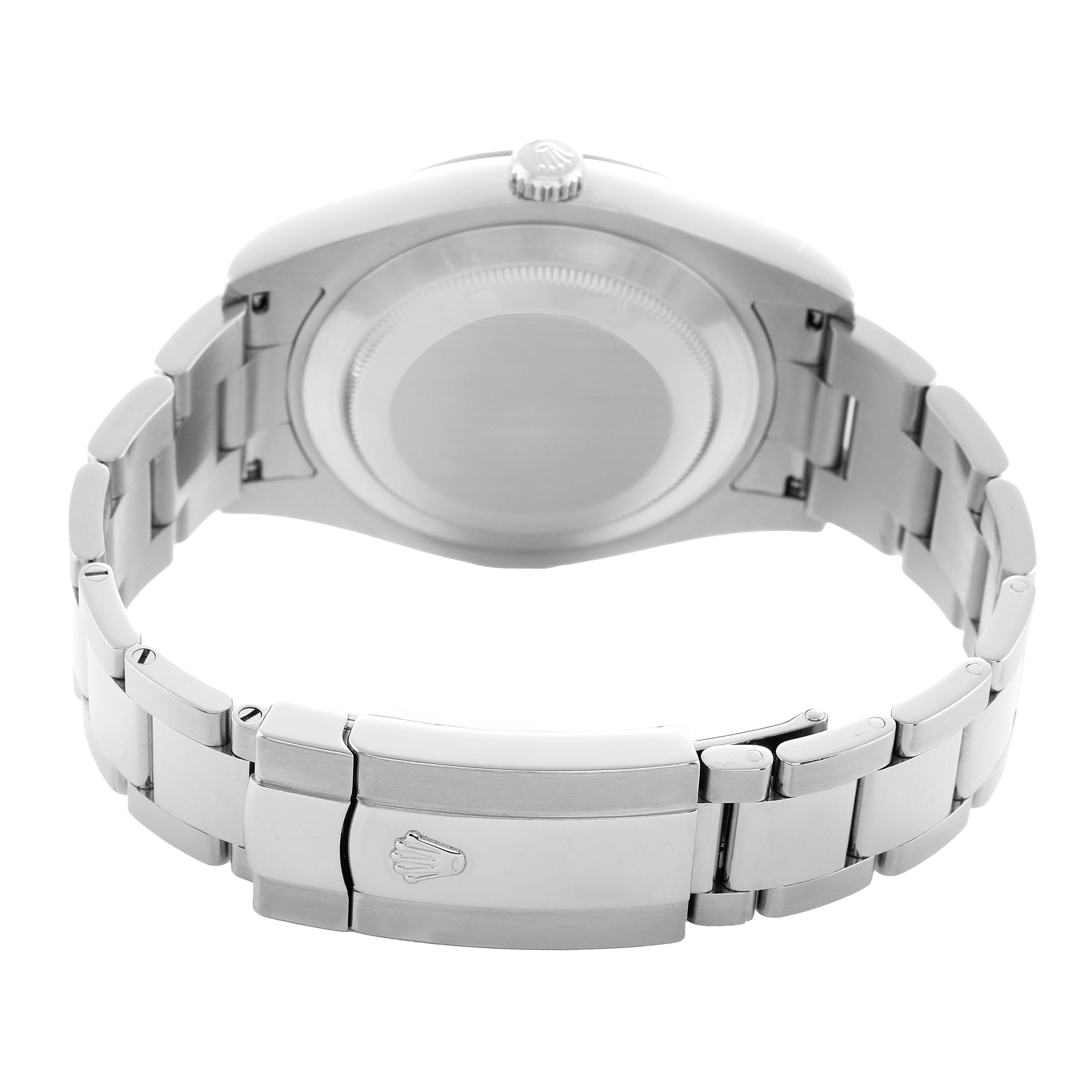 The image shows the back and bracelet of a Rolex Datejust 41 116334 Men's Stainless Steel Blue Dial, highlighting the clasp and case back.