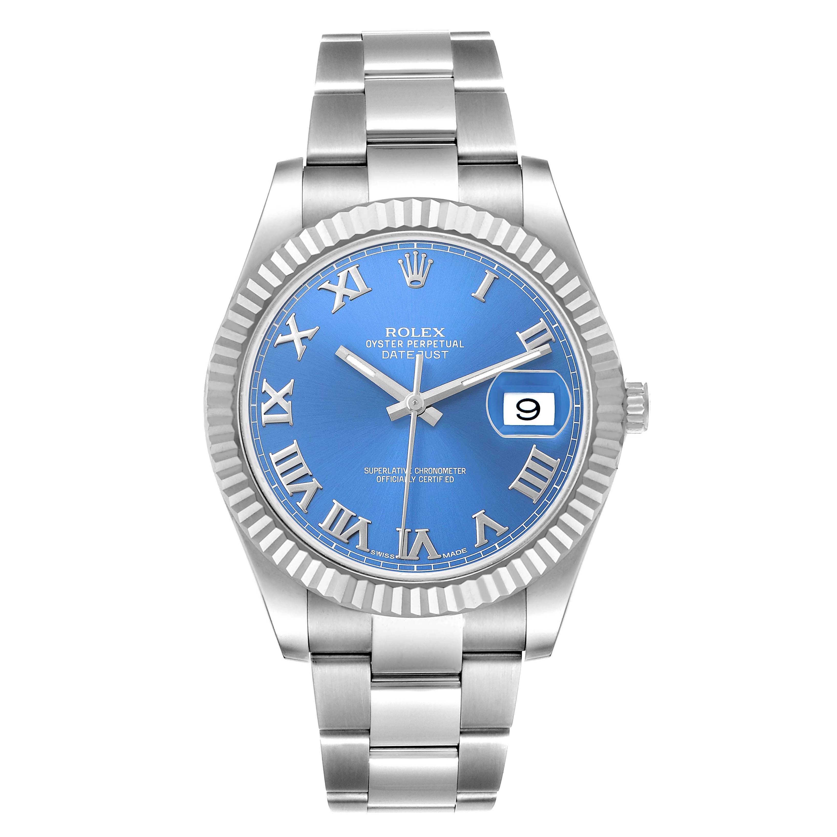 The Rolex Datejust 41 116334 Men's Stainless Steel Blue Dial is shown from a front angle, displaying the blue dial, fluted bezel, and bracelet.