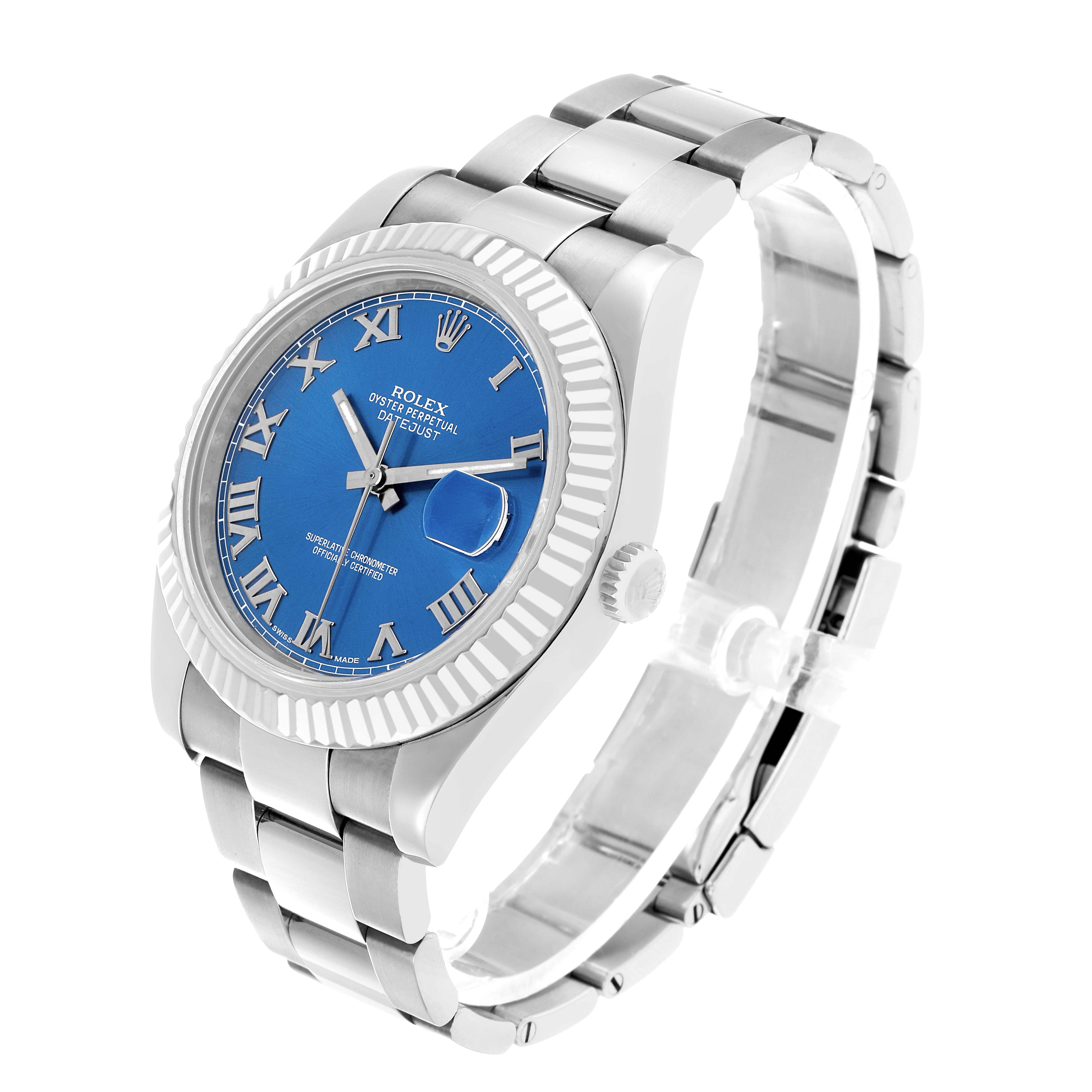 The image shows a Rolex Datejust 41 116334 Men's Stainless Steel Blue Dial watch at an angle highlighting the bezel, dial, crown, and bracelet.