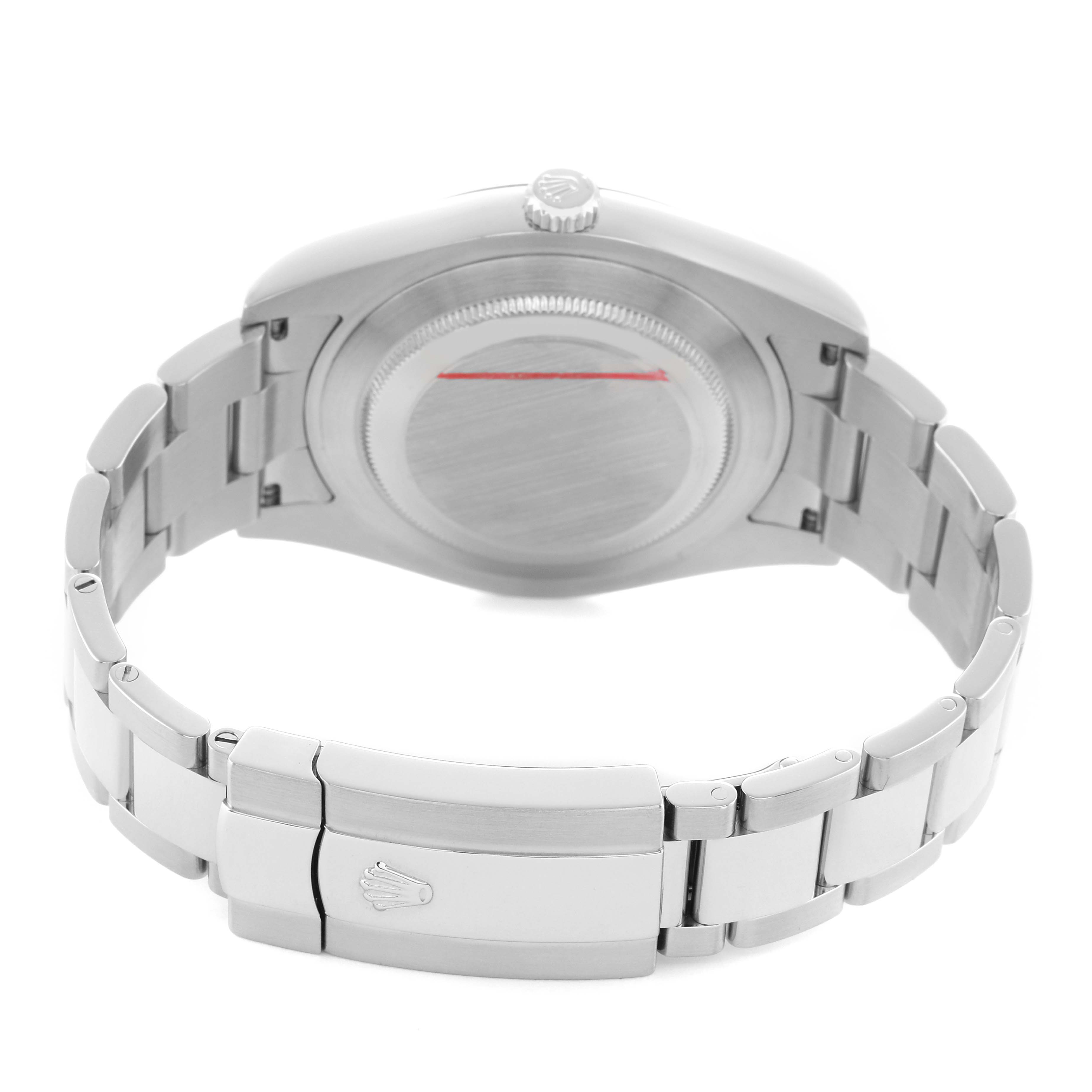 The image shows the back case and bracelet clasp of a Rolex Datejust 41 116334 Men's Stainless Steel Silver Dial from a rear angle.