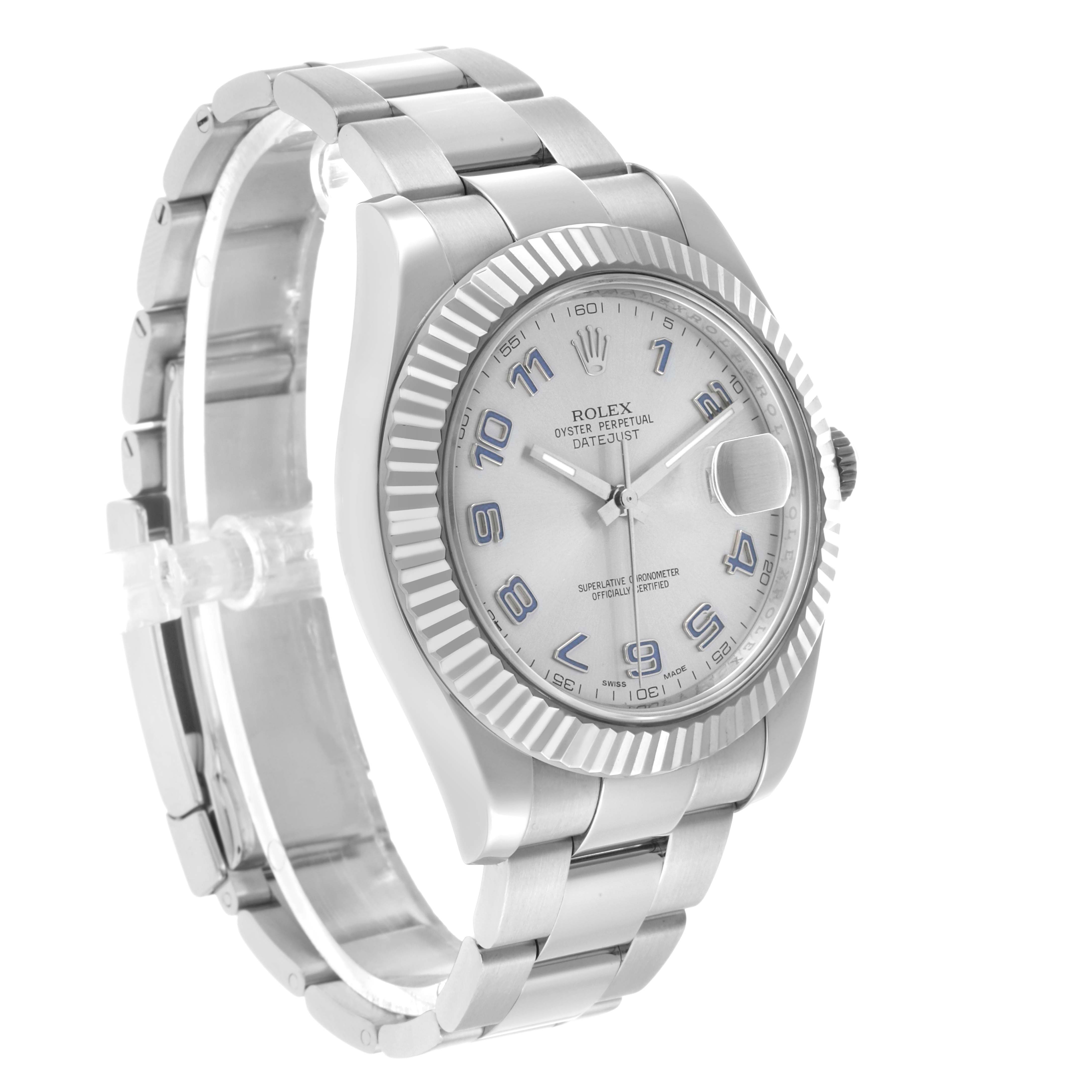 The Rolex Datejust 41 116334 Men's Stainless Steel Silver Dial is shown at an angled side view, featuring its dial, fluted bezel, and bracelet.