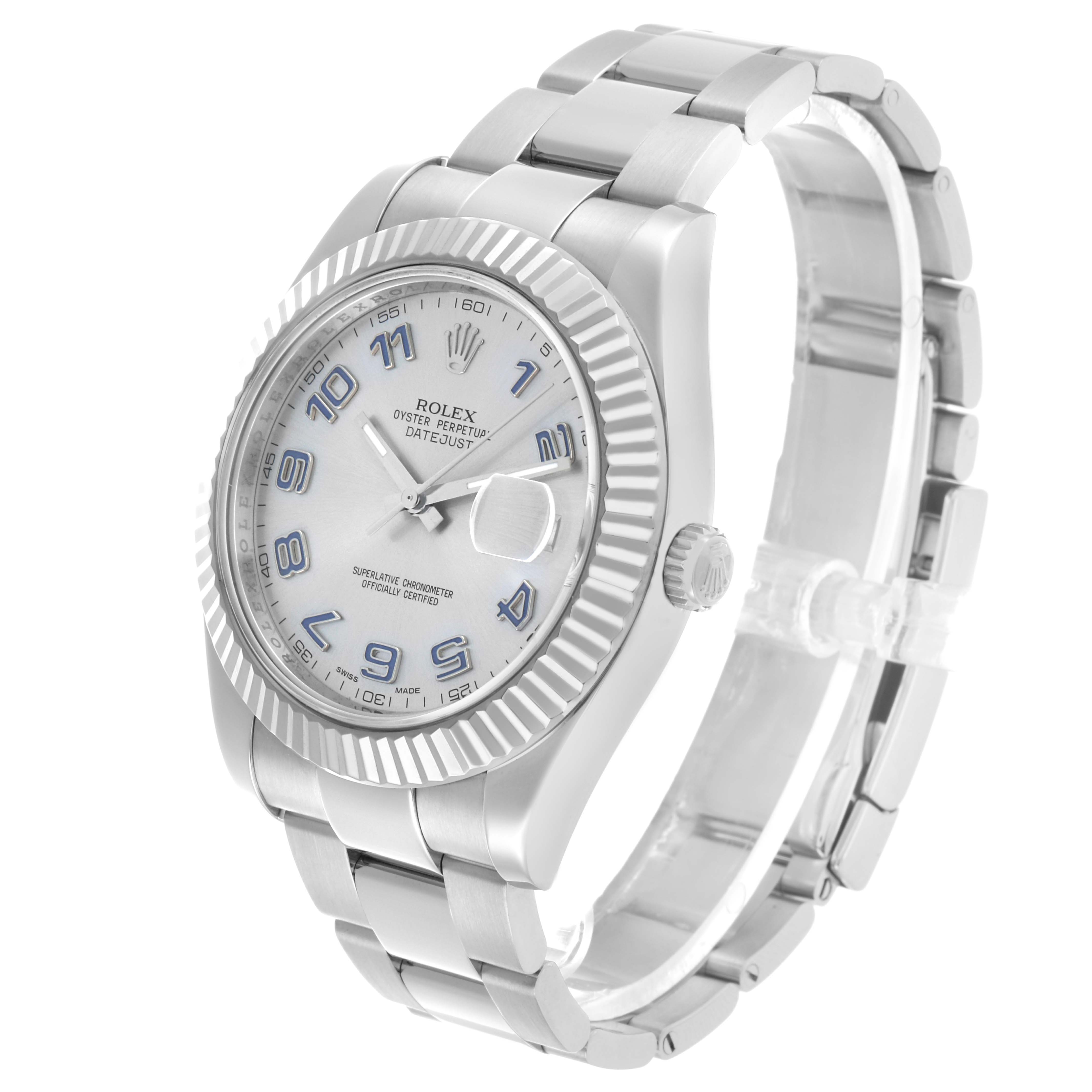 The image shows a Rolex Datejust 41 116334 Men's Stainless Steel Silver Dial at a slight angle, highlighting the dial, bezel, crown, and bracelet.