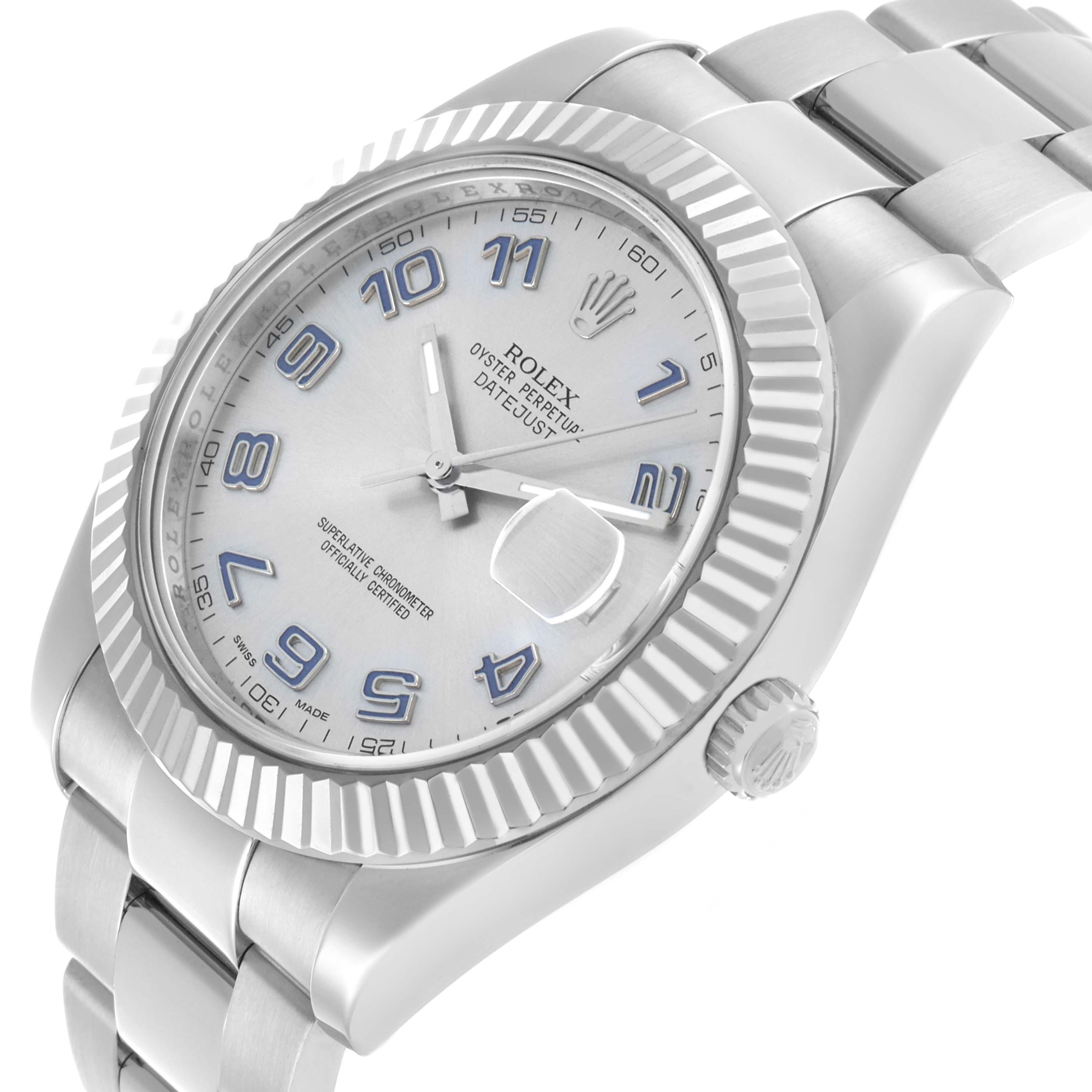 The Rolex Datejust 41 116334 Men's Stainless Steel Silver Dial is shown at a three-quarter angle, highlighting the dial, fluted bezel, crown, and bracelet.