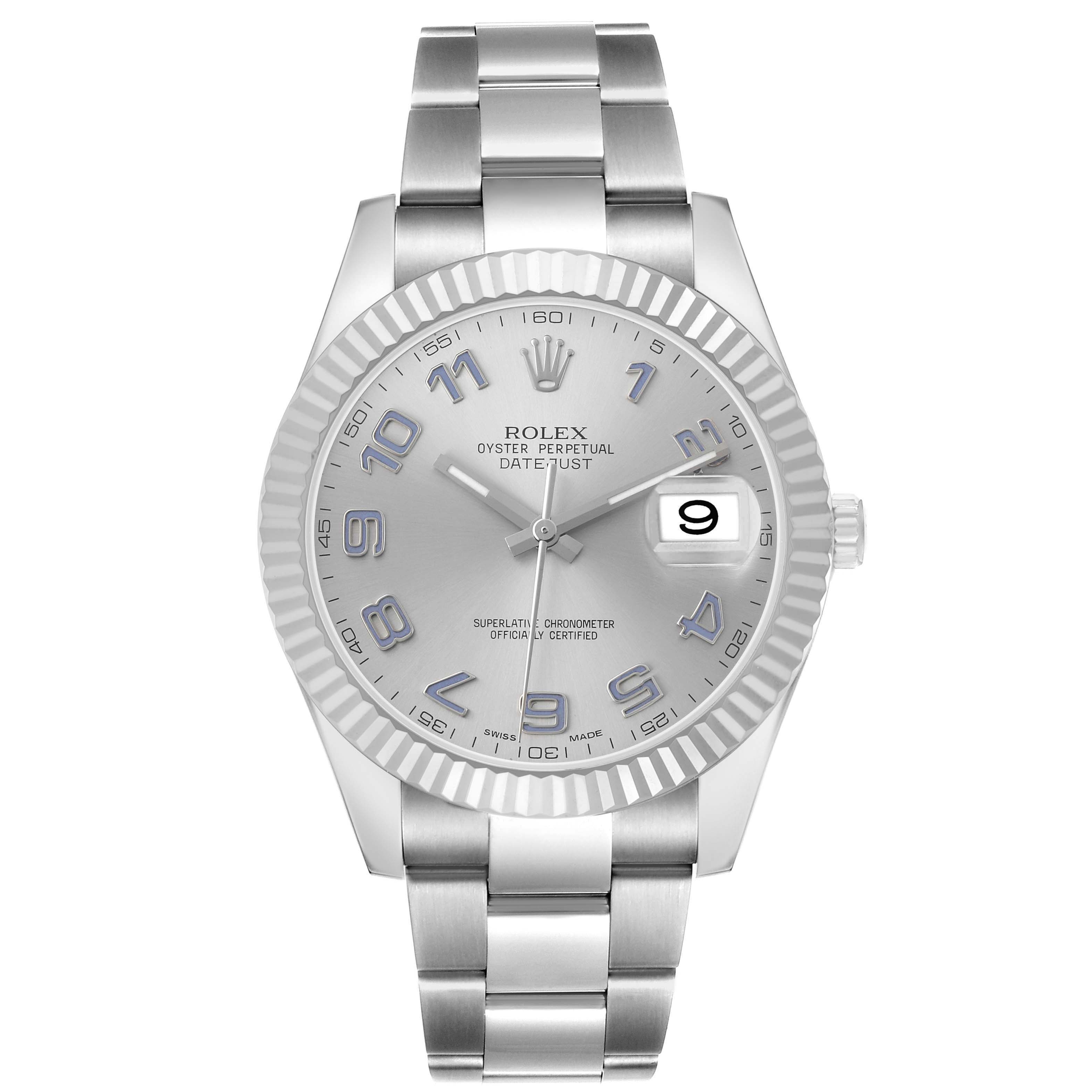 The Rolex Datejust 41 116334 Men's Stainless Steel Silver Dial is shown from the front, displaying the dial, fluted bezel, bracelet, and date window.