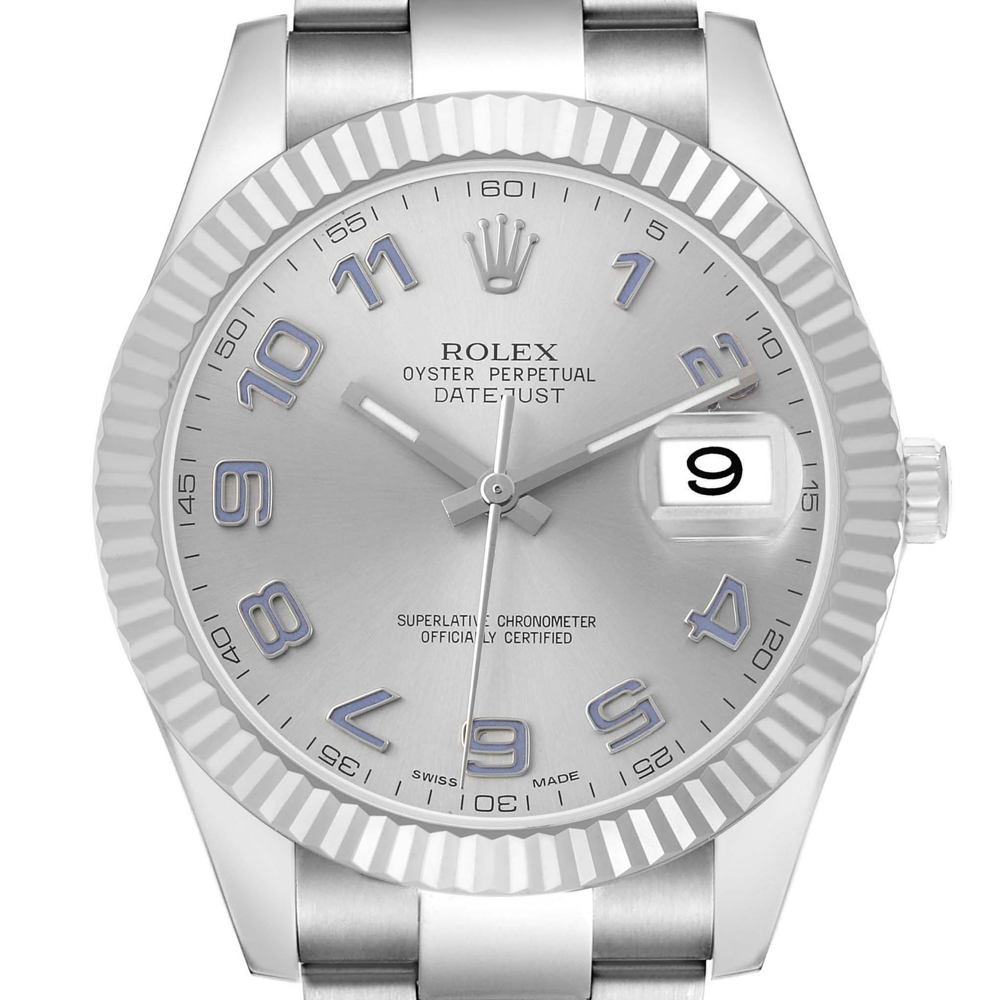 The Rolex Datejust 41 116334 Men's Stainless Steel Silver Dial is shown from a frontal angle, highlighting its silver dial, fluted bezel, and bracelet.