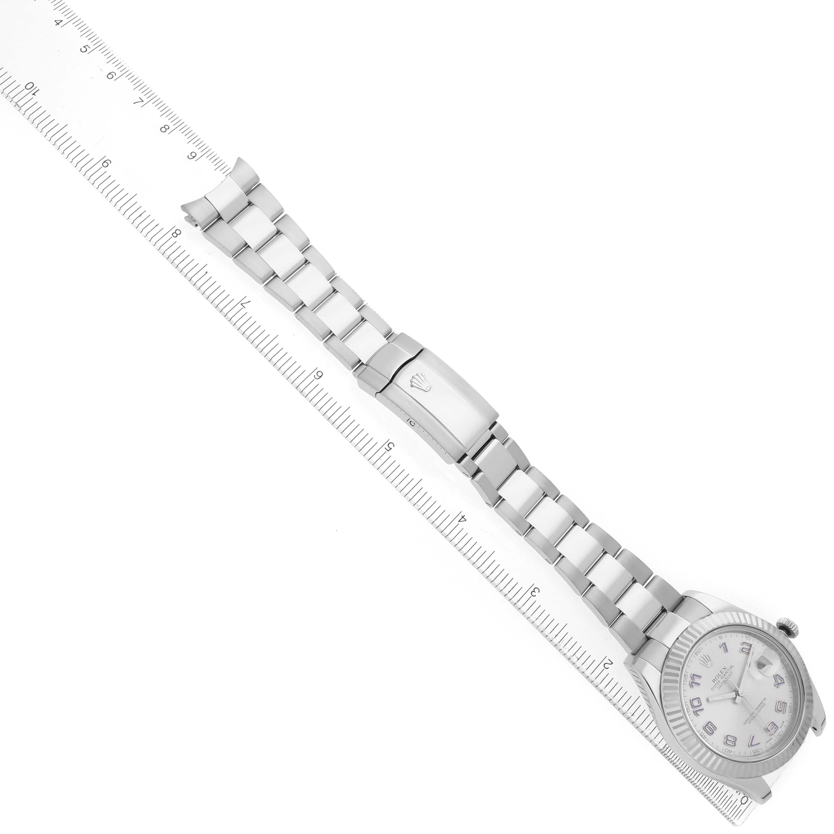 The Rolex Datejust 41 116334 Men's Stainless Steel Silver Dial watch is shown from above, featuring the bracelet, clasp, and a partial dial view.