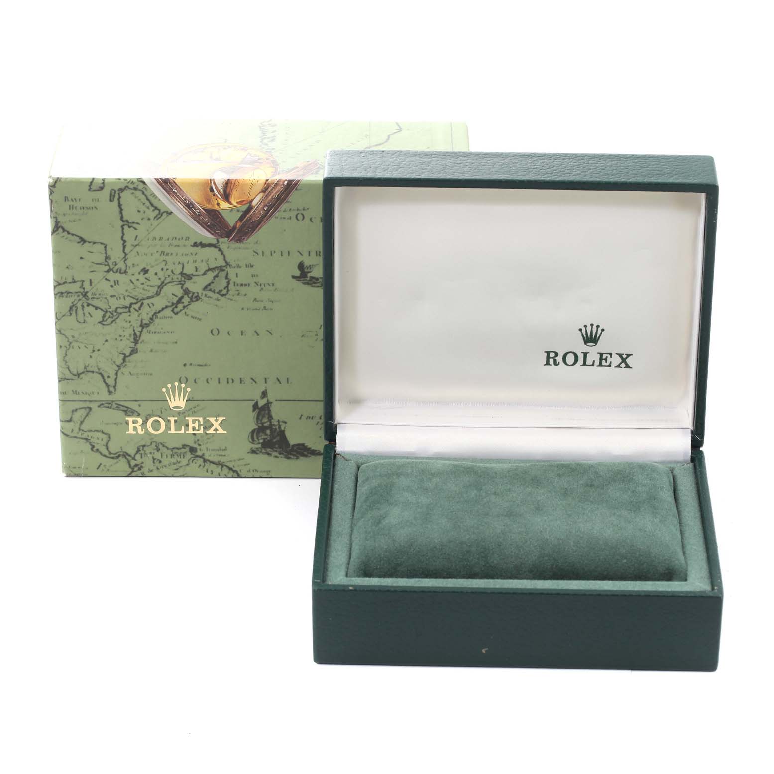 The image shows the opened and empty box of a Mid-Size Rolex watch with the branded cushion and outer packaging.