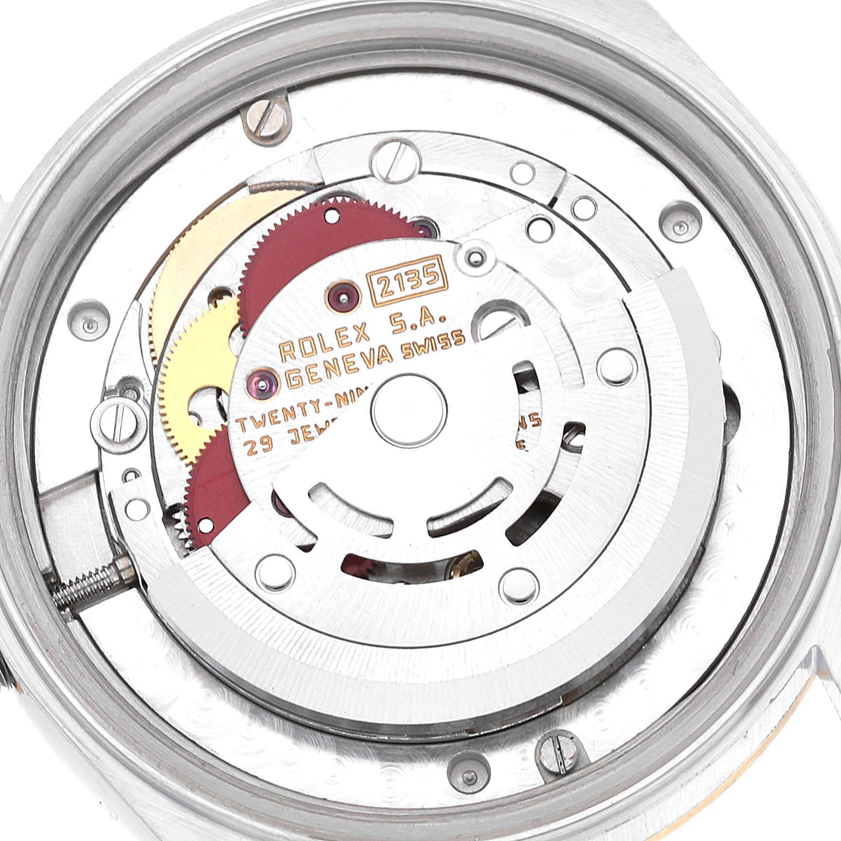The image shows the internal mechanism of a Rolex Mid-Size 68243 Women's Steel and Gold (two tone) Champagne Dial 68243 Women's Steel and Gold (two tone) Champagne Dial model watch from a close-up, top-down angle.