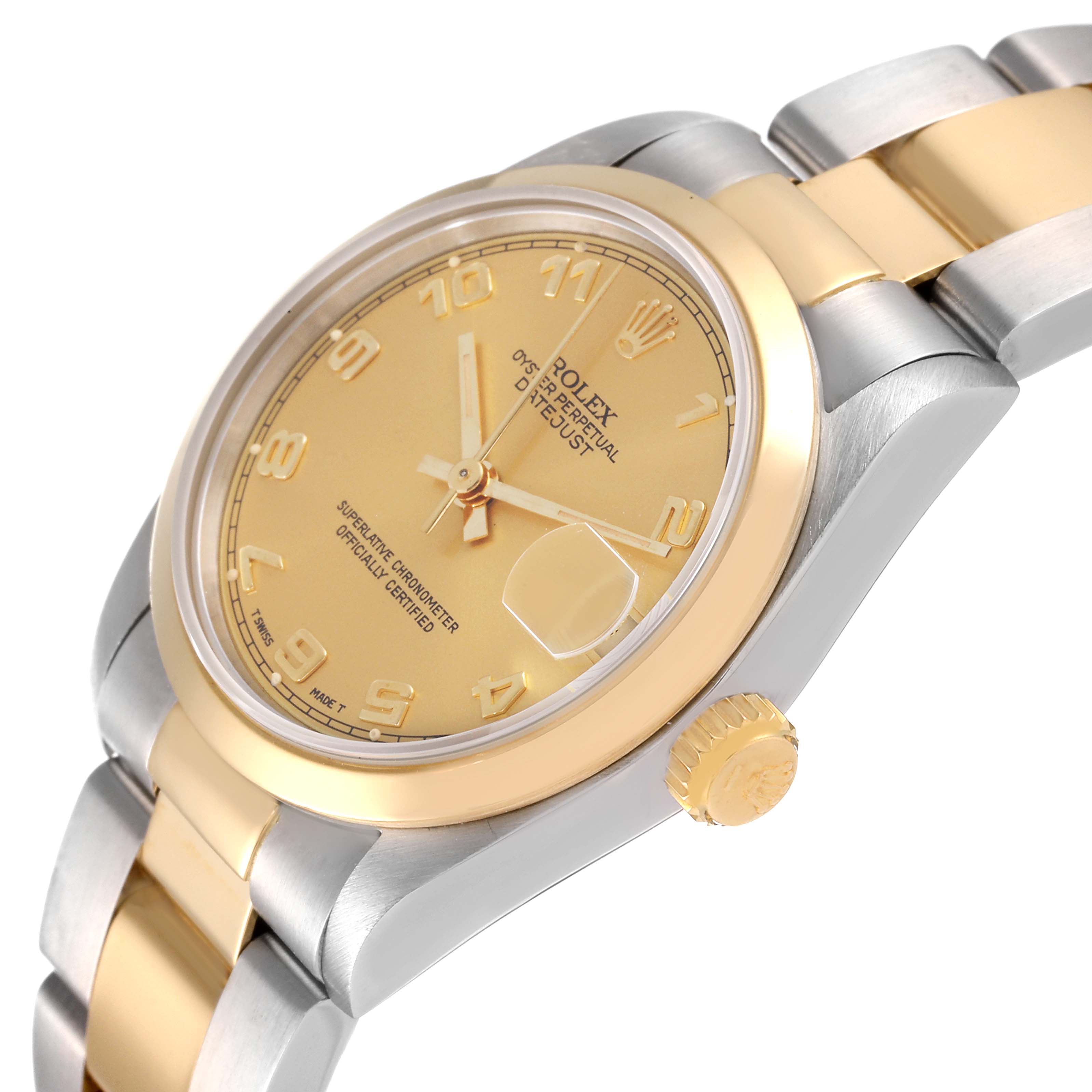 This Rolex Mid-Size 68243 Women's Steel and Gold (two tone) Champagne Dial 68243 Women's Steel and Gold (two tone) Champagne Dial watch is displayed at an angled view, showing the face, bezel, crown, and part of the bracelet.