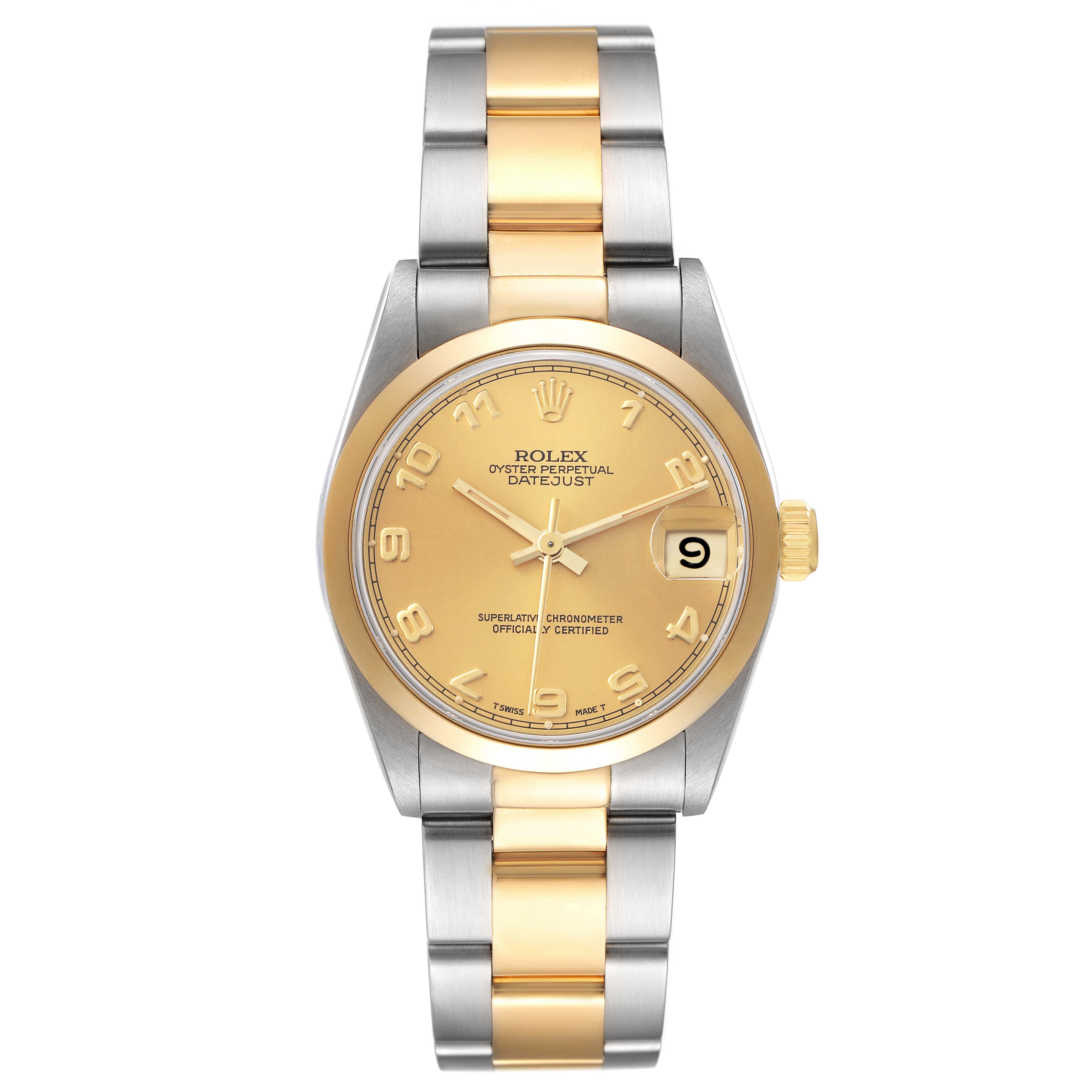 The image shows a front view of a Rolex Mid-Size 68243 Women's Steel and Gold (two tone) Champagne Dial 68243 Women's Steel and Gold (two tone) Champagne Dial Oyster Perpetual Datejust watch, featuring a two-tone band and gold dial.