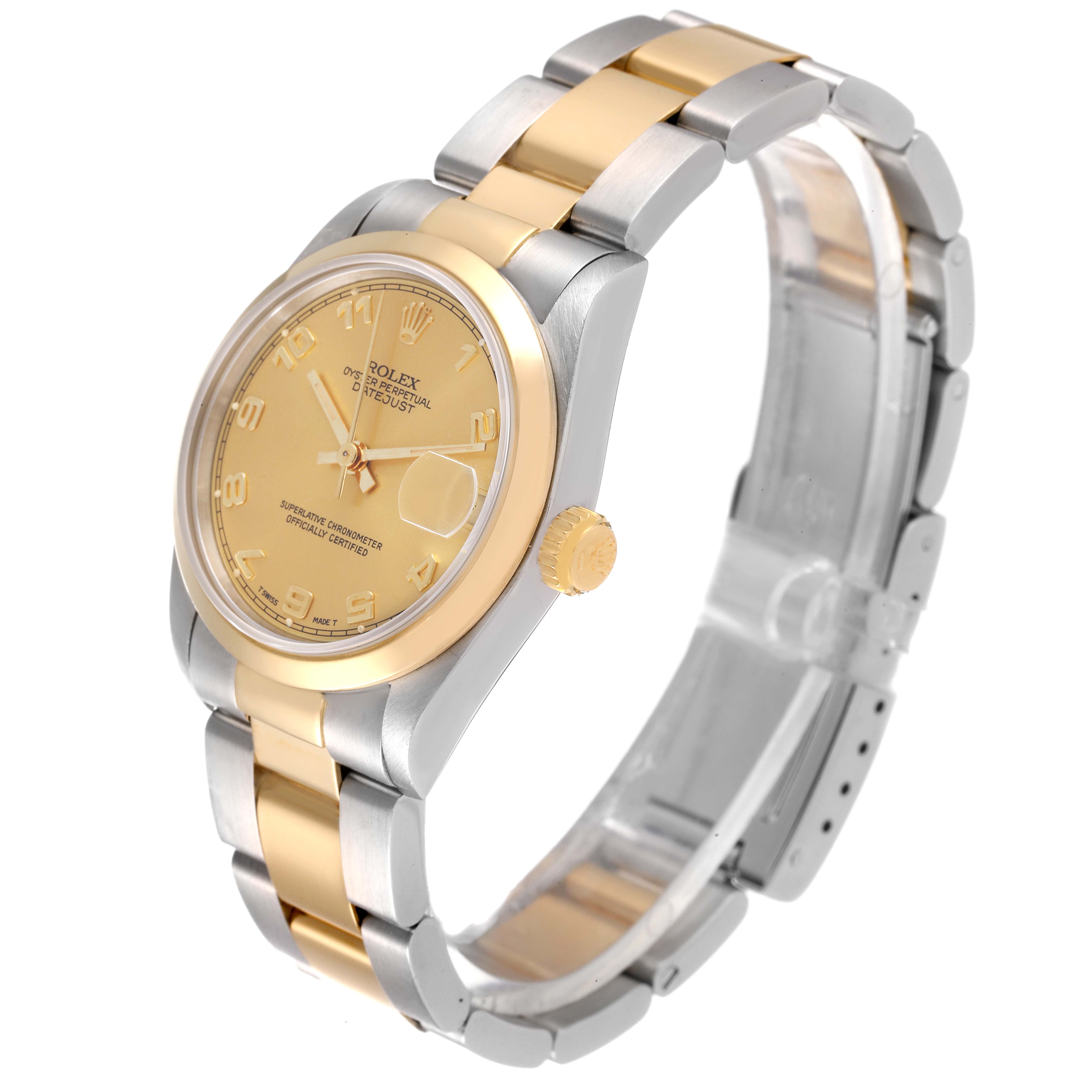 The image shows a side view of a Mid-Size Rolex watch, highlighting its two-tone bracelet, bezel, dial, and crown.