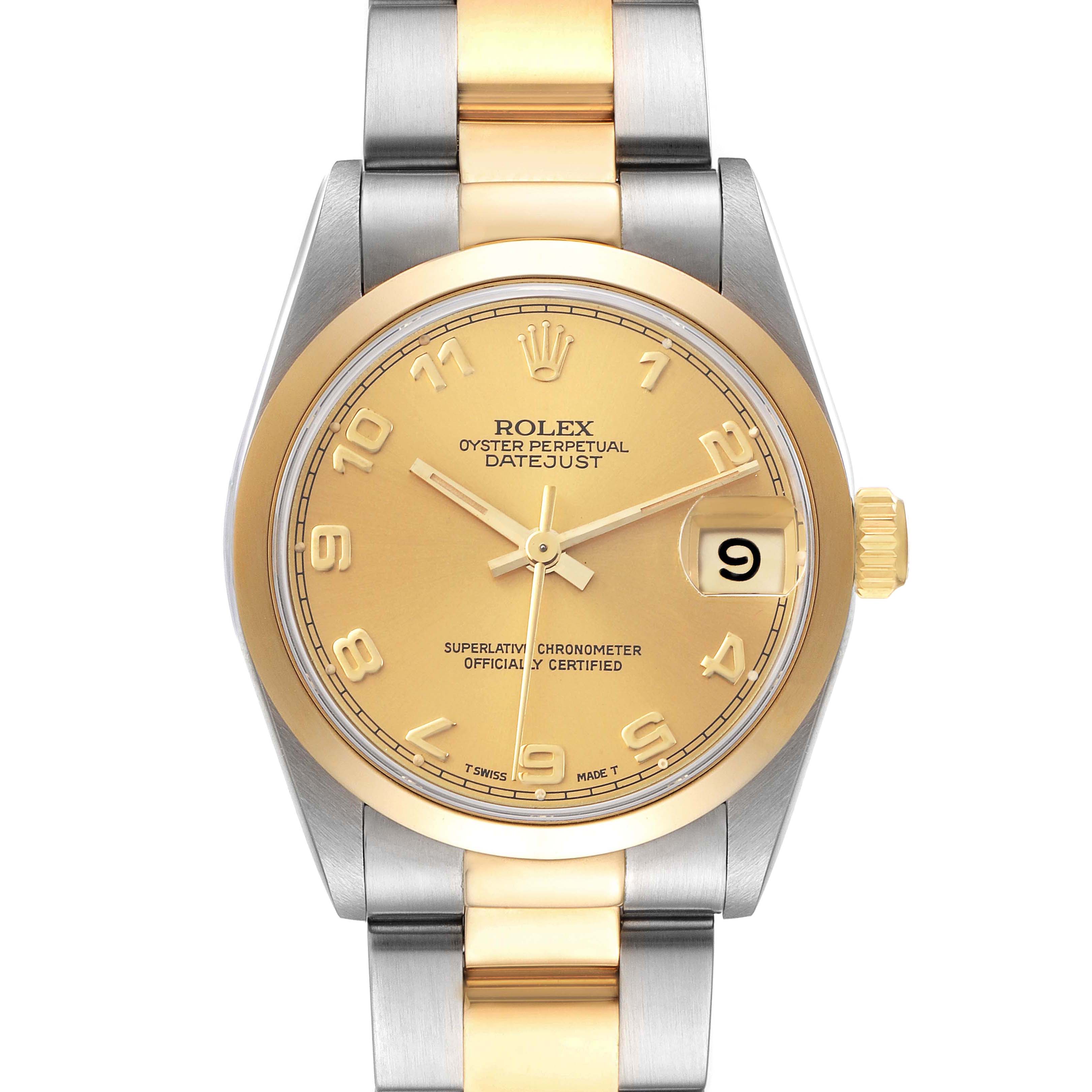 The image shows a front view of a Mid-Size Rolex Datejust watch, displaying the dial, bracelet, crown, and date window.