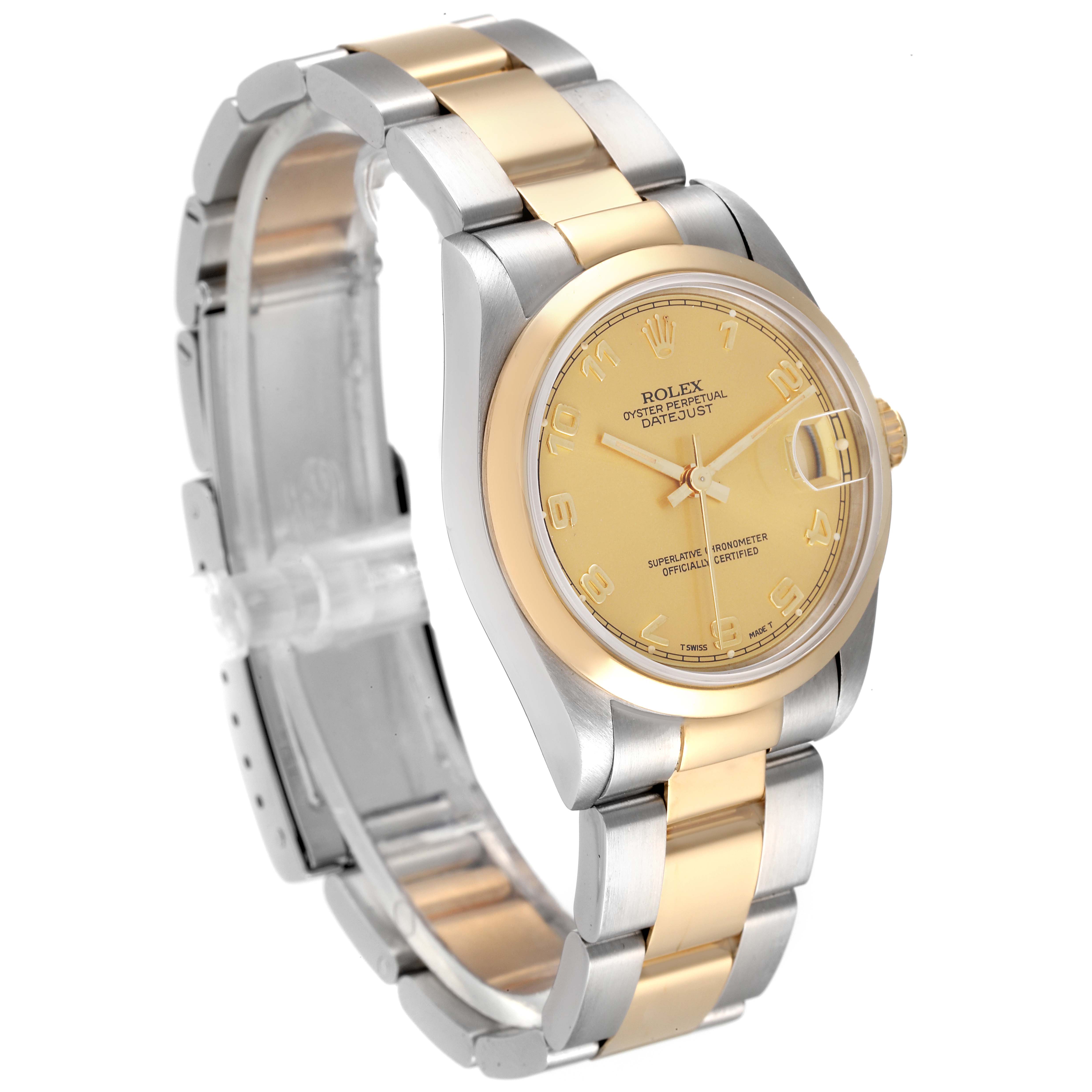 The image shows a Rolex Mid-Size 68243 Women's Steel and Gold (two tone) Champagne Dial 68243 Women's Steel and Gold (two tone) Champagne Dial watch model, captured at an angle revealing the face, bezel, bracelet, and crown.