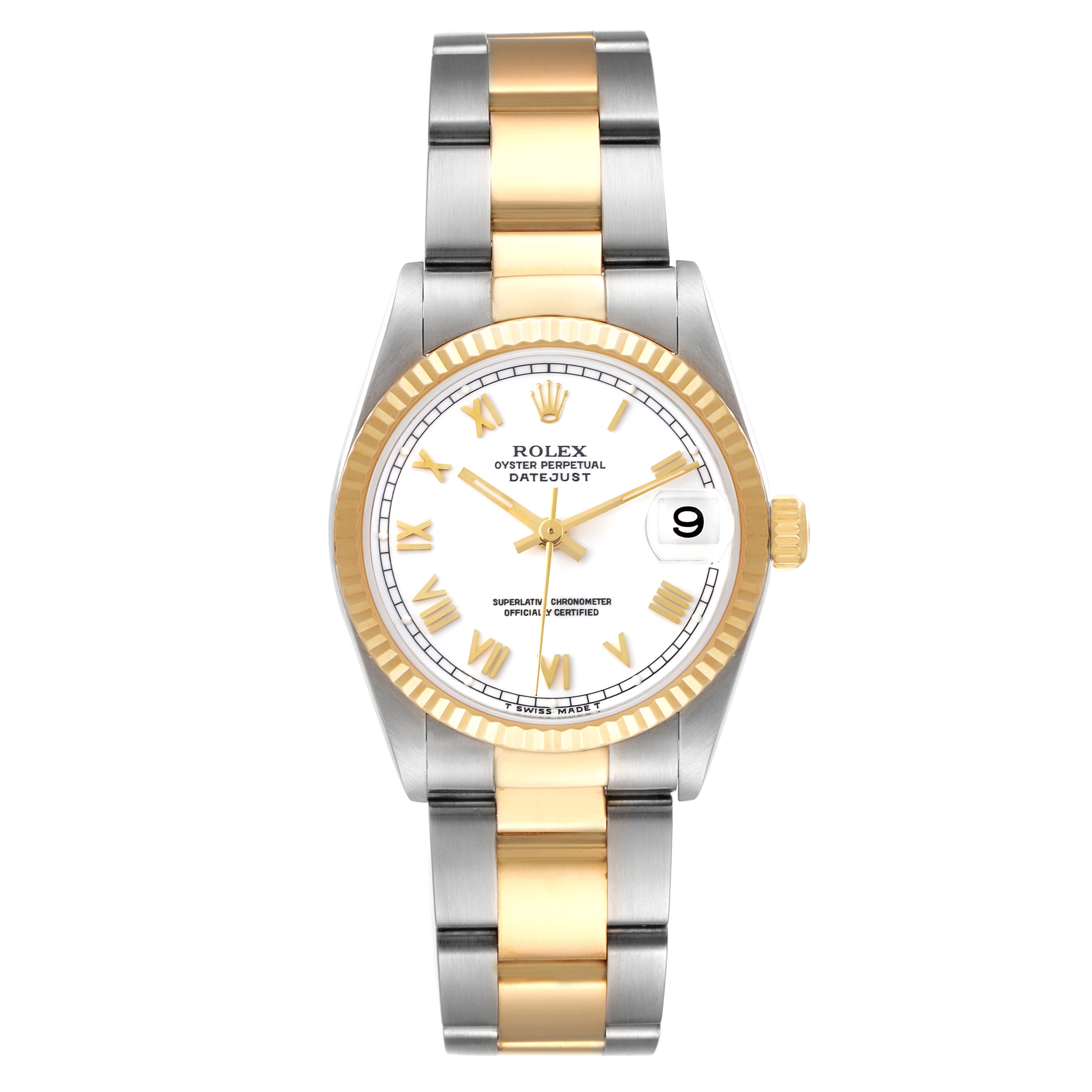 This image shows a front view of a Rolex Mid-Size 78273 Women
s Steel and Gold (two tone) White Dial 78273 Women
s Steel and Gold (two tone) White Dial Oyster Perpetual Datejust watch, highlighting its dial, bezel, and bracelet.