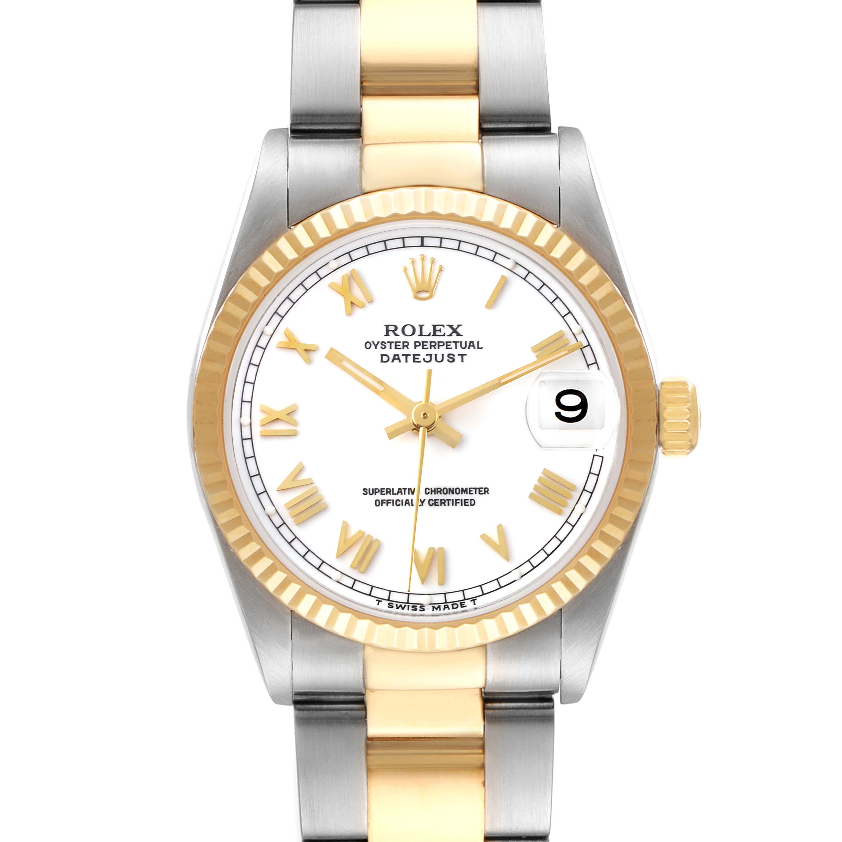 The image shows a front view of a Rolex Mid-Size 78273 Women
s Steel and Gold (two tone) White Dial 78273 Women
s Steel and Gold (two tone) White Dial Oyster Perpetual Datejust watch, highlighting its face, bezel, and bracelet.