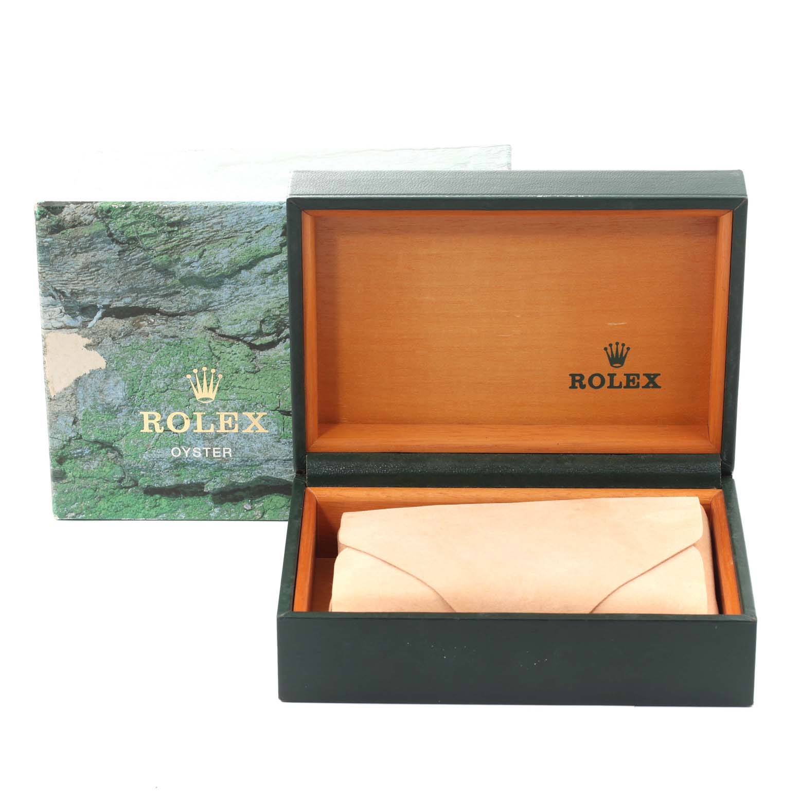 The image shows an open Rolex Oyster presentation box with an outer box and a leather pouch, viewed from the front.