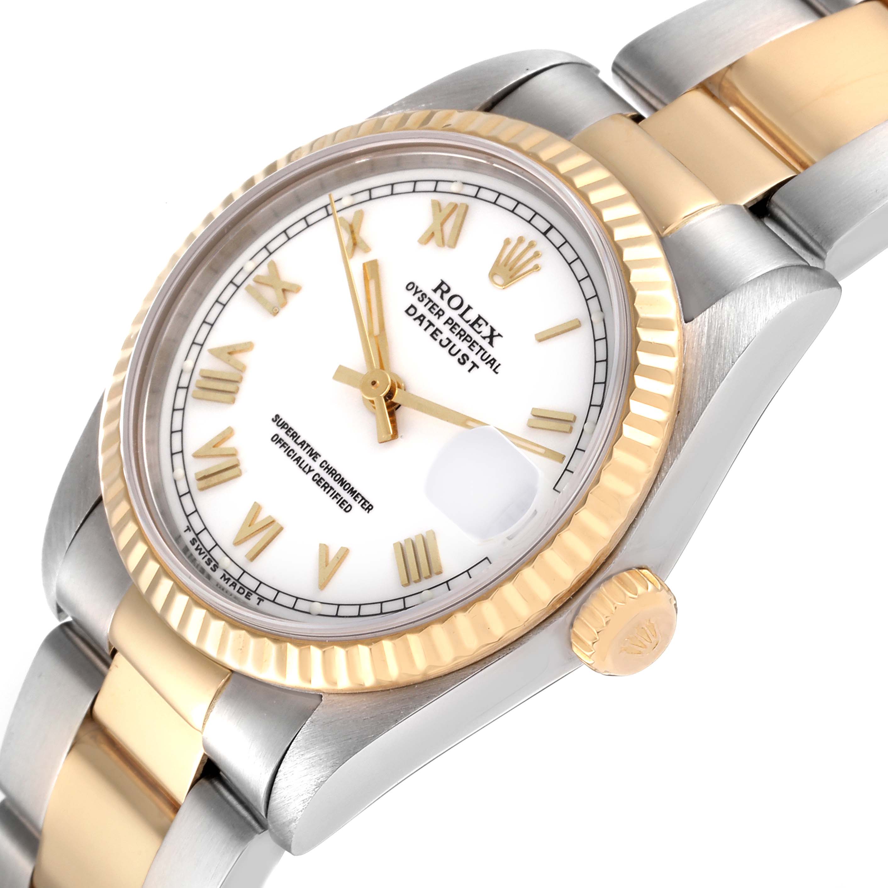 The image displays a Mid-Size Rolex watch at an angled view, highlighting the bezel, crown, dial, and part of the bracelet.