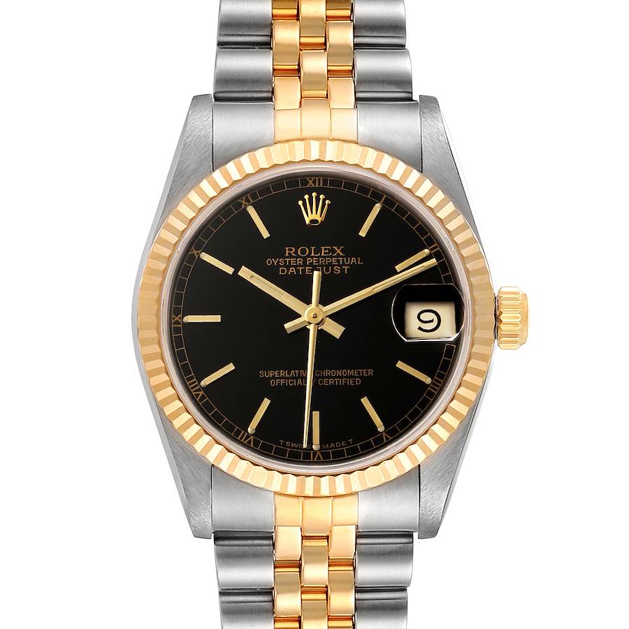 Rolex Datejust Midsize Steel Yellow Gold Black Dial Ladies Watch 68273 Box SwissWatchExpo