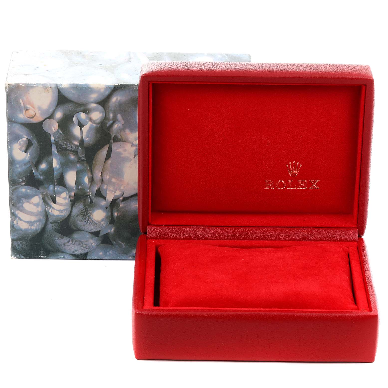 The image shows an empty Rolex Mid-Size 68273 Women
s Steel and Gold (two tone) Black Dial 68273 Women
s Steel and Gold (two tone) Black Dial red watch box with its outer printed box.