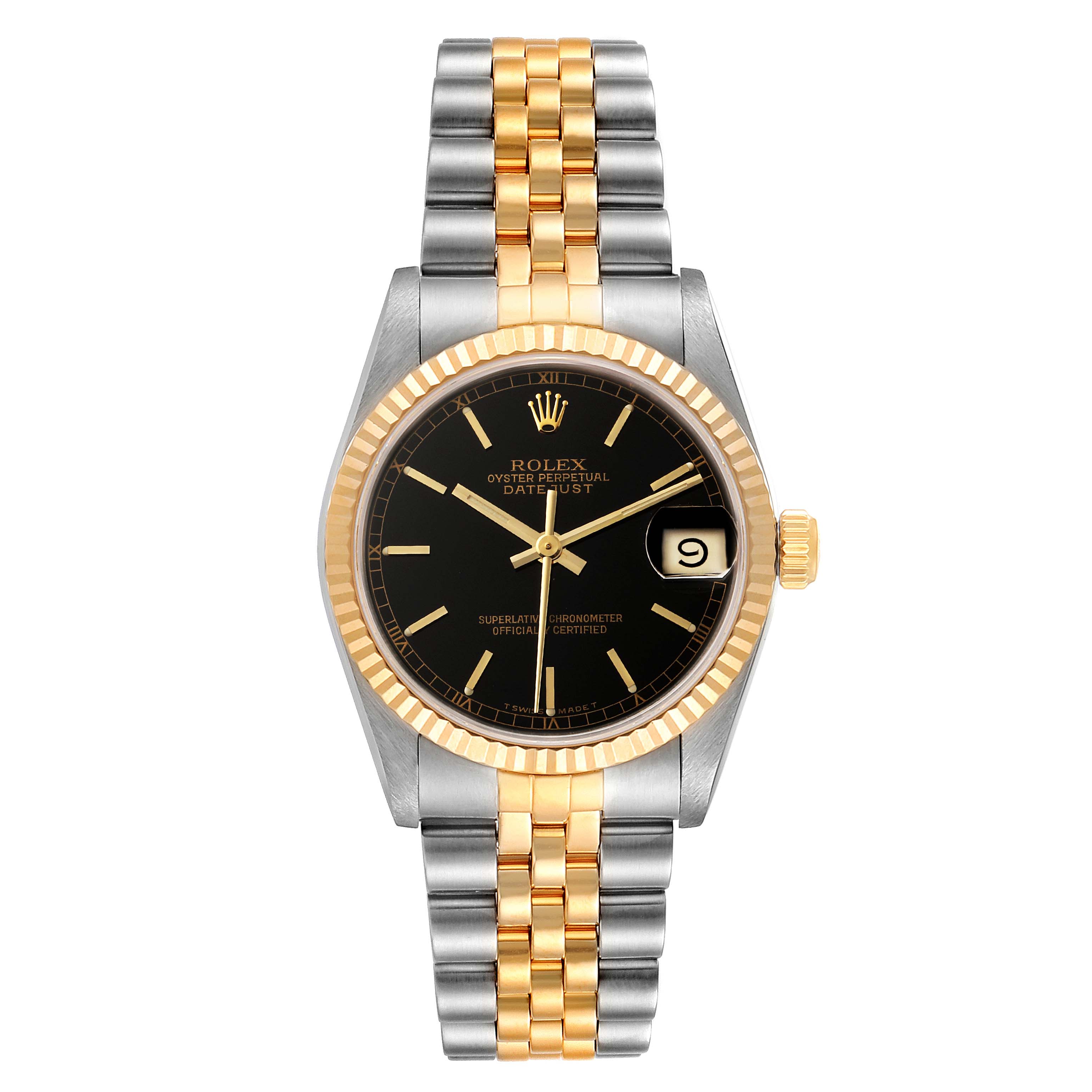 This image shows a front view of the Rolex Mid-Size 68273 Women
s Steel and Gold (two tone) Black Dial 68273 Women
s Steel and Gold (two tone) Black Dial Datejust watch, displaying its face, bezel, and two-tone bracelet.