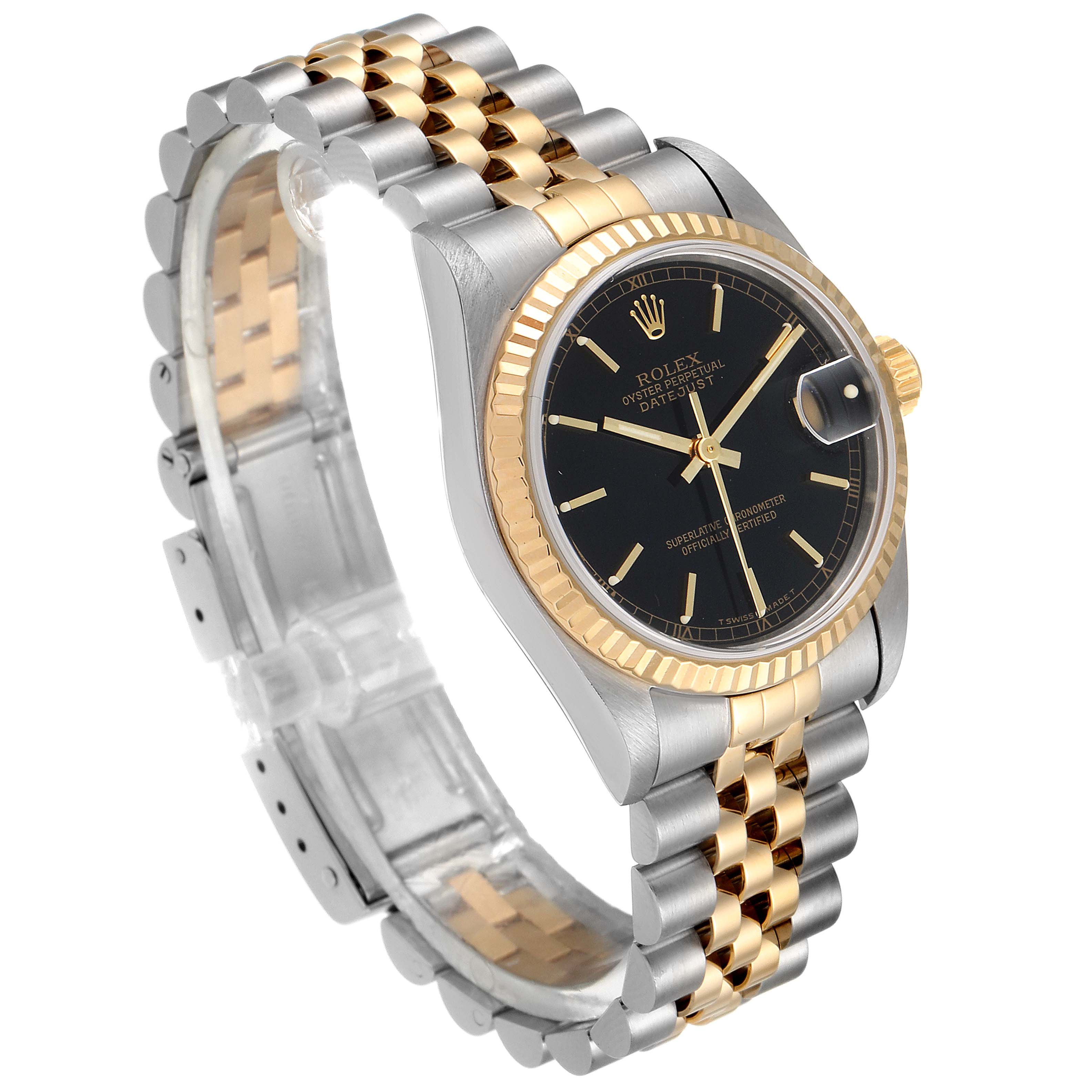 The image shows a side angle of a Mid-Size Rolex watch, highlighting its two-tone bracelet, black dial, and gold bezel.