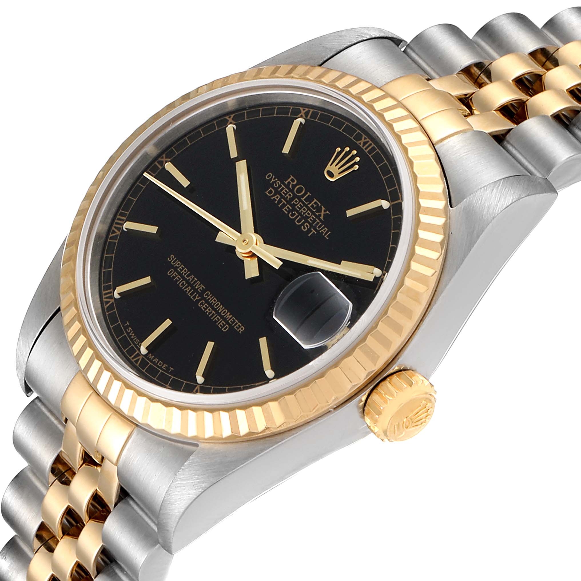 The Rolex Mid-Size 68273 Women
s Steel and Gold (two tone) Black Dial 68273 Women
s Steel and Gold (two tone) Black Dial model is shown at a slight angled view highlighting its black dial, two-tone bracelet, and fluted bezel.
