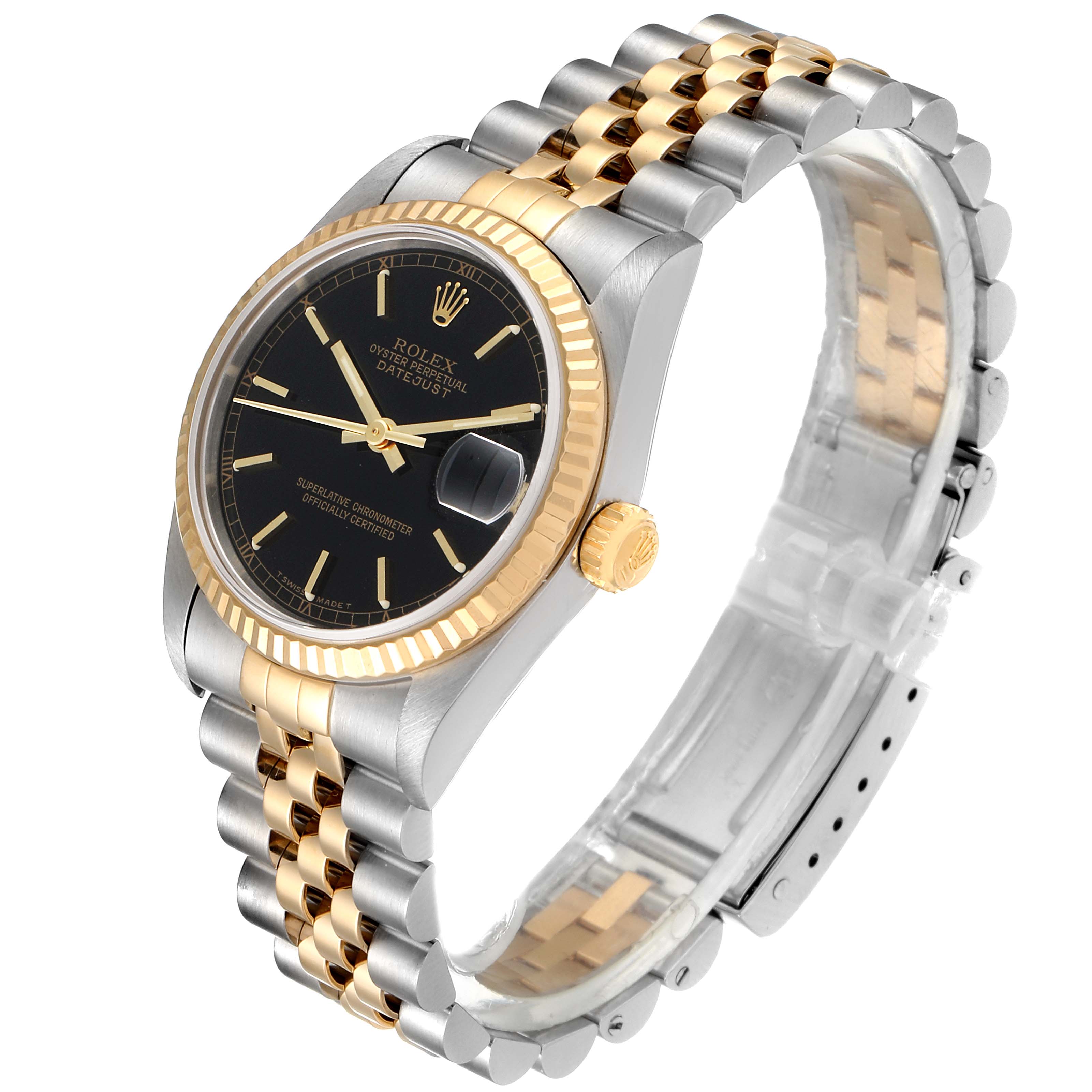 A Mid-Size Rolex watch is shown at a three-quarter angle, highlighting its two-tone band, black dial, and gold bezel.