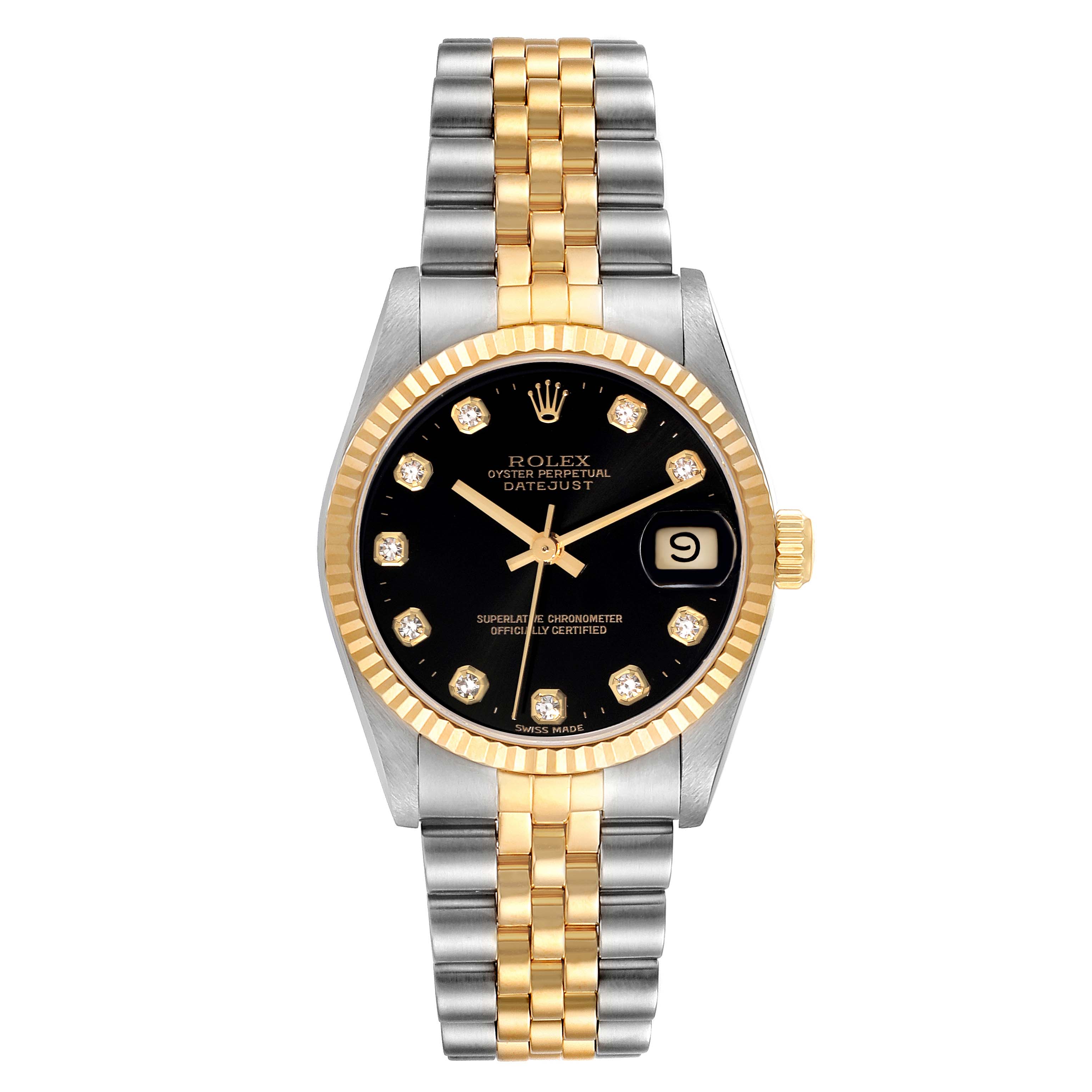 The image shows a front view of a Rolex Mid-Size 68273 Women
s Steel and Gold (two tone) Black Dial 68273 Women
s Steel and Gold (two tone) Black Dial Datejust watch, highlighting the bezel, dial, case, and bracelet.