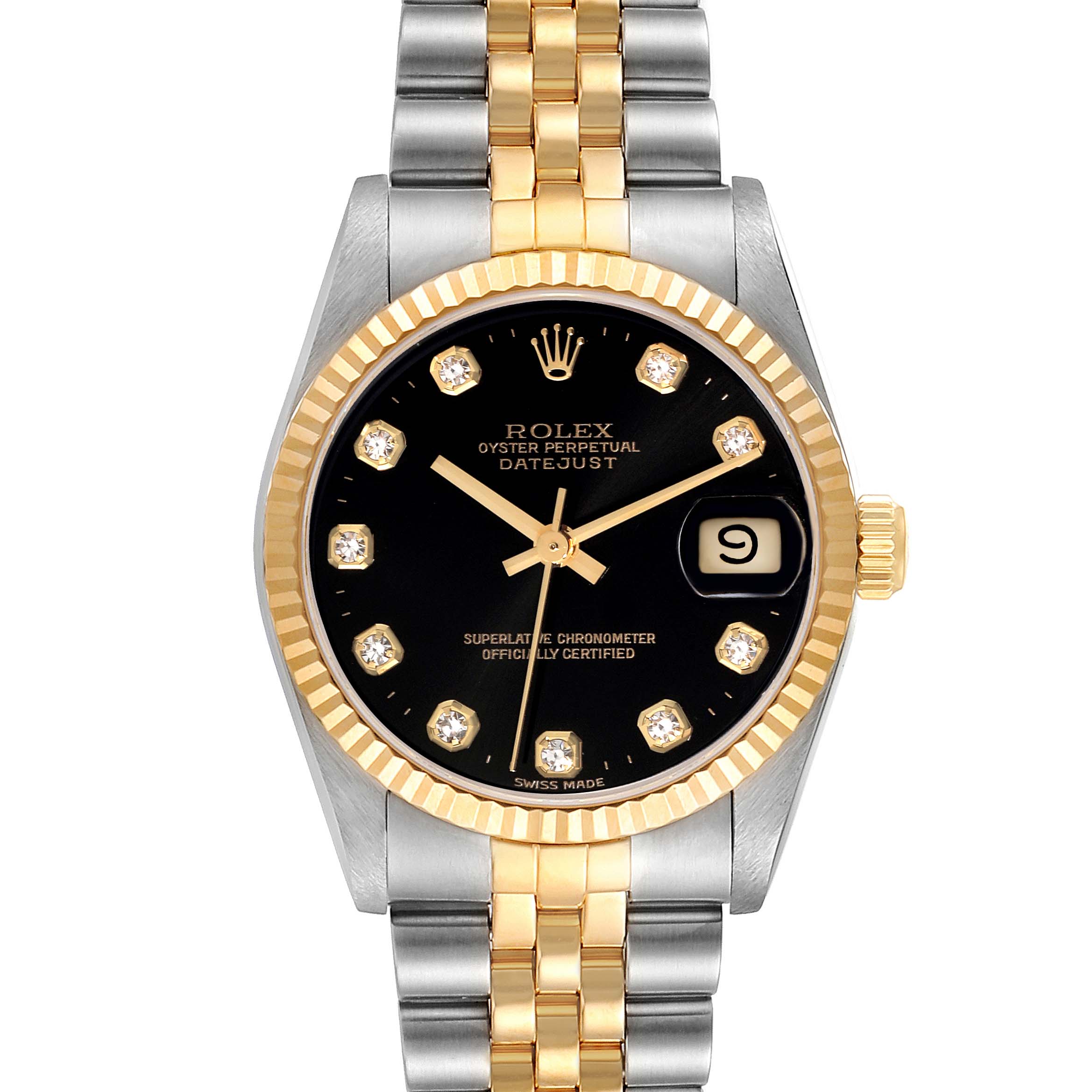 This image shows a front view of a Rolex Oyster Perpetual Datejust Mid-Size model watch with a two-tone bracelet and a black dial.