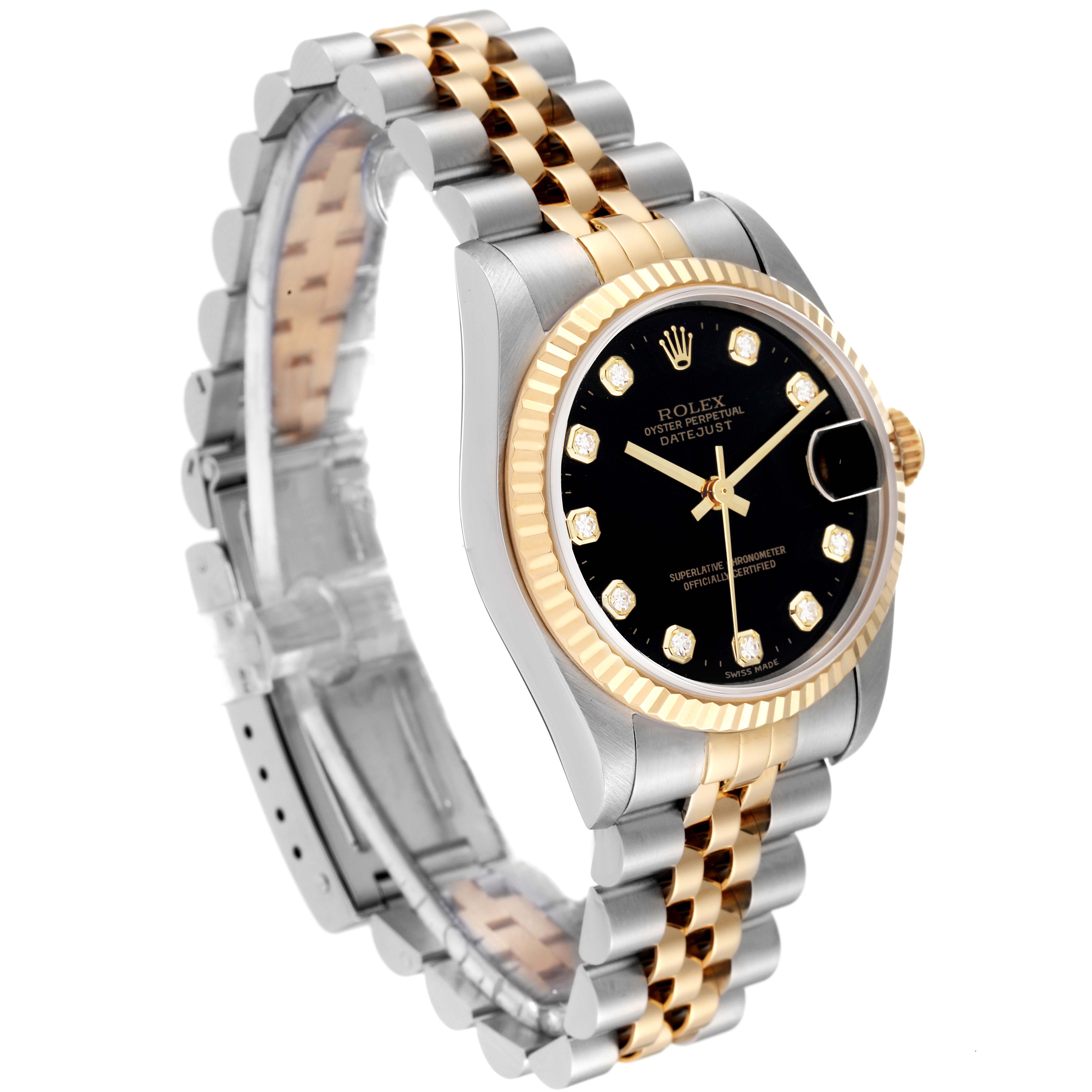 This Rolex Mid-Size 68273 Women
s Steel and Gold (two tone) Black Dial 68273 Women
s Steel and Gold (two tone) Black Dial model watch is shown at a slight angle, highlighting the face, bezel, crown, and two-tone bracelet.