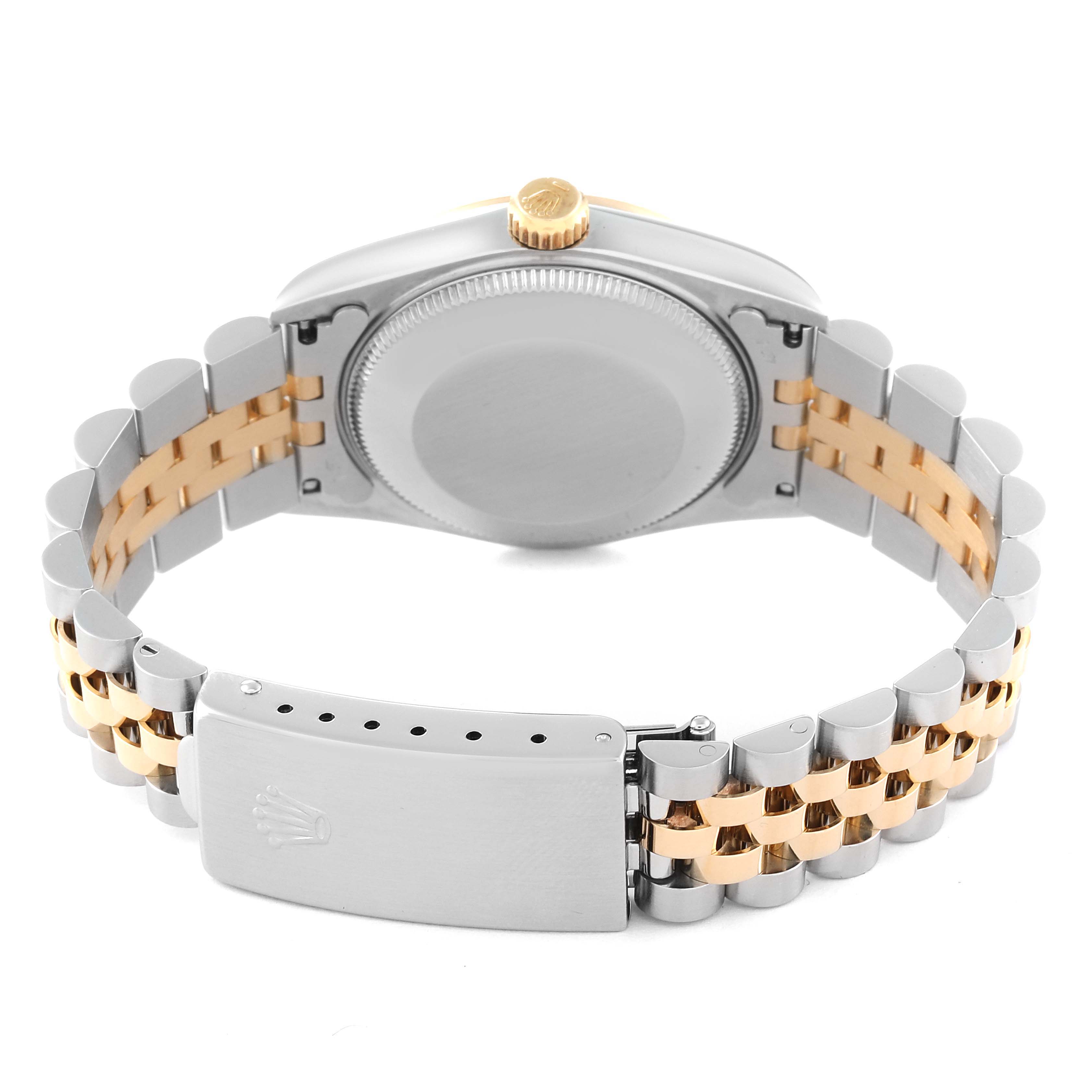 The image shows the rear view of the Rolex Mid-Size 68273 Women
s Steel and Gold (two tone) Black Dial 68273 Women
s Steel and Gold (two tone) Black Dial model, highlighting the watch case, crown, and two-tone metal bracelet with the clasp.