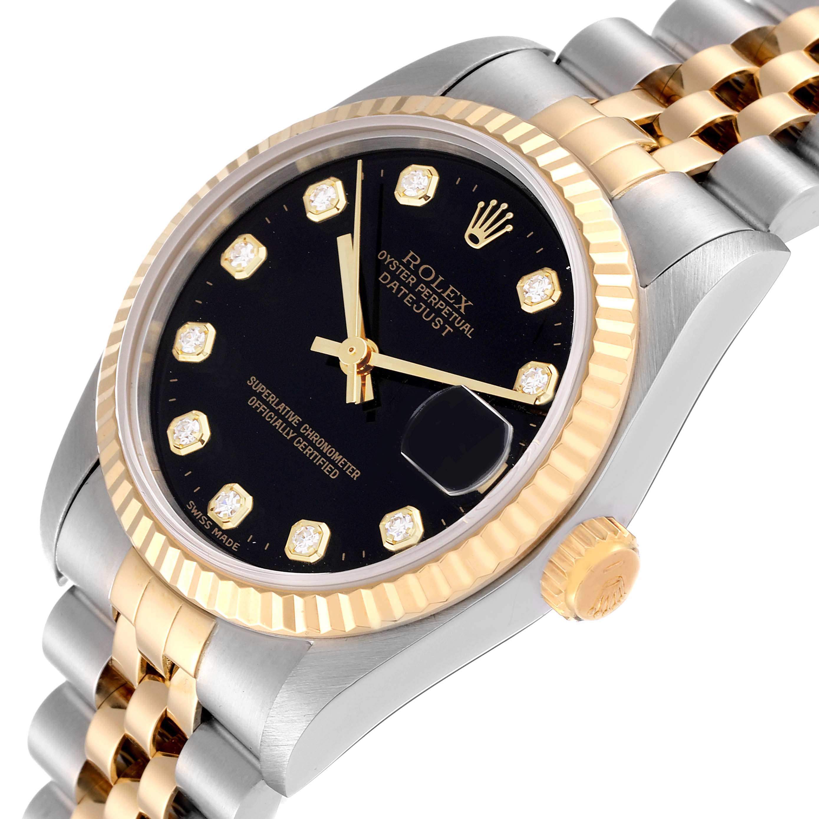 The image shows a Rolex Mid-Size 68273 Women
s Steel and Gold (two tone) Black Dial 68273 Women
s Steel and Gold (two tone) Black Dial Datejust watch from an angled top-down view, highlighting the dial, bezel, crown, and part of the bracelet.